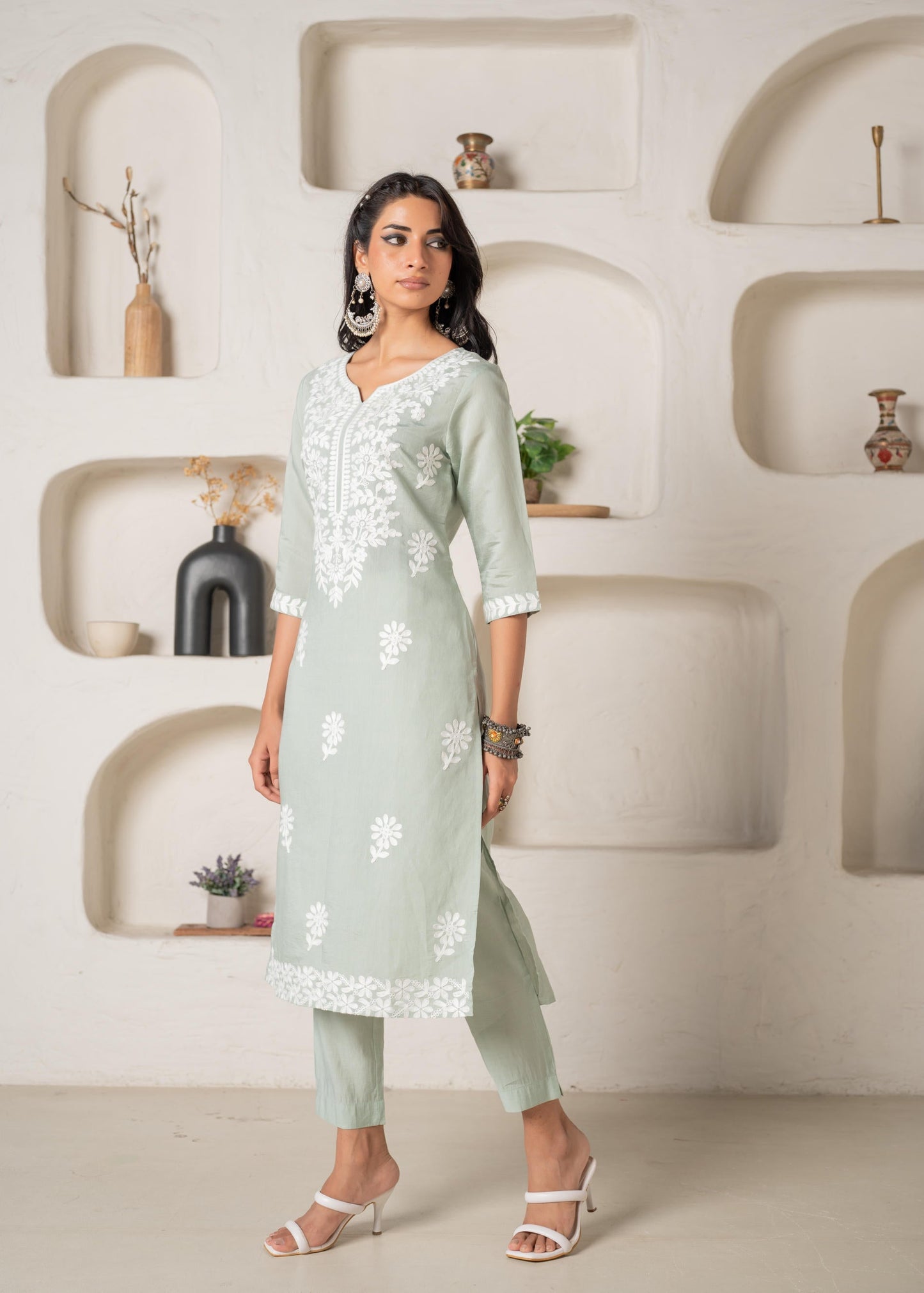 Juniper Mint Solid Embroidered Straight Kurta Pant Set With Thread Work - Swadesiicart
