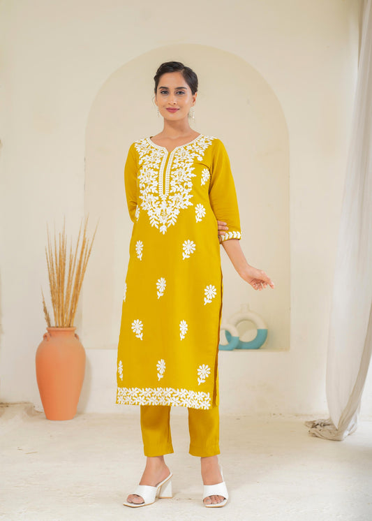Juniper Mustard Solid Embroidered Straight Kurta Pant Set With Thread Work - Swadesiicart