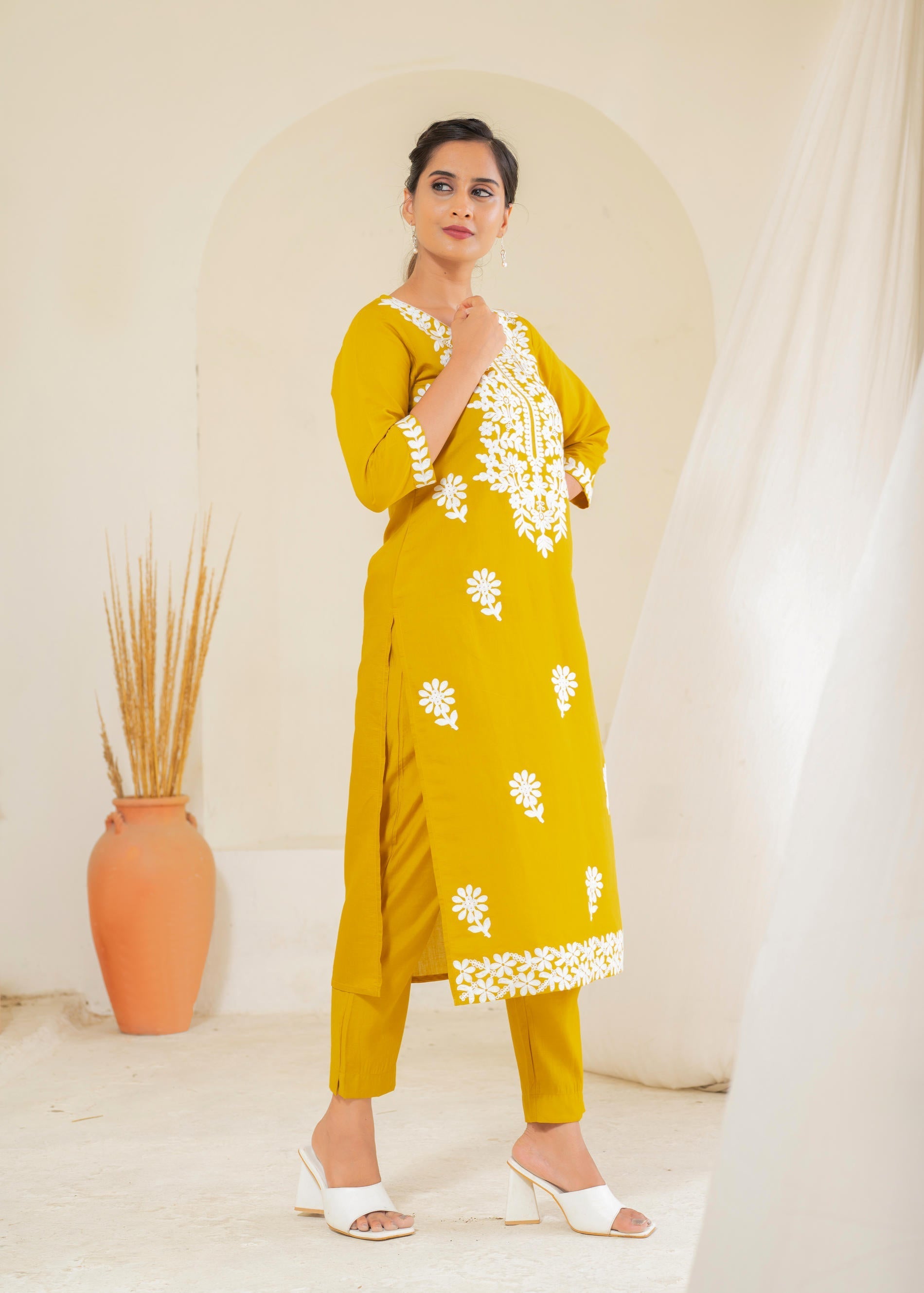 Juniper Mustard Solid Embroidered Straight Kurta Pant Set With Thread Work - Swadesiicart