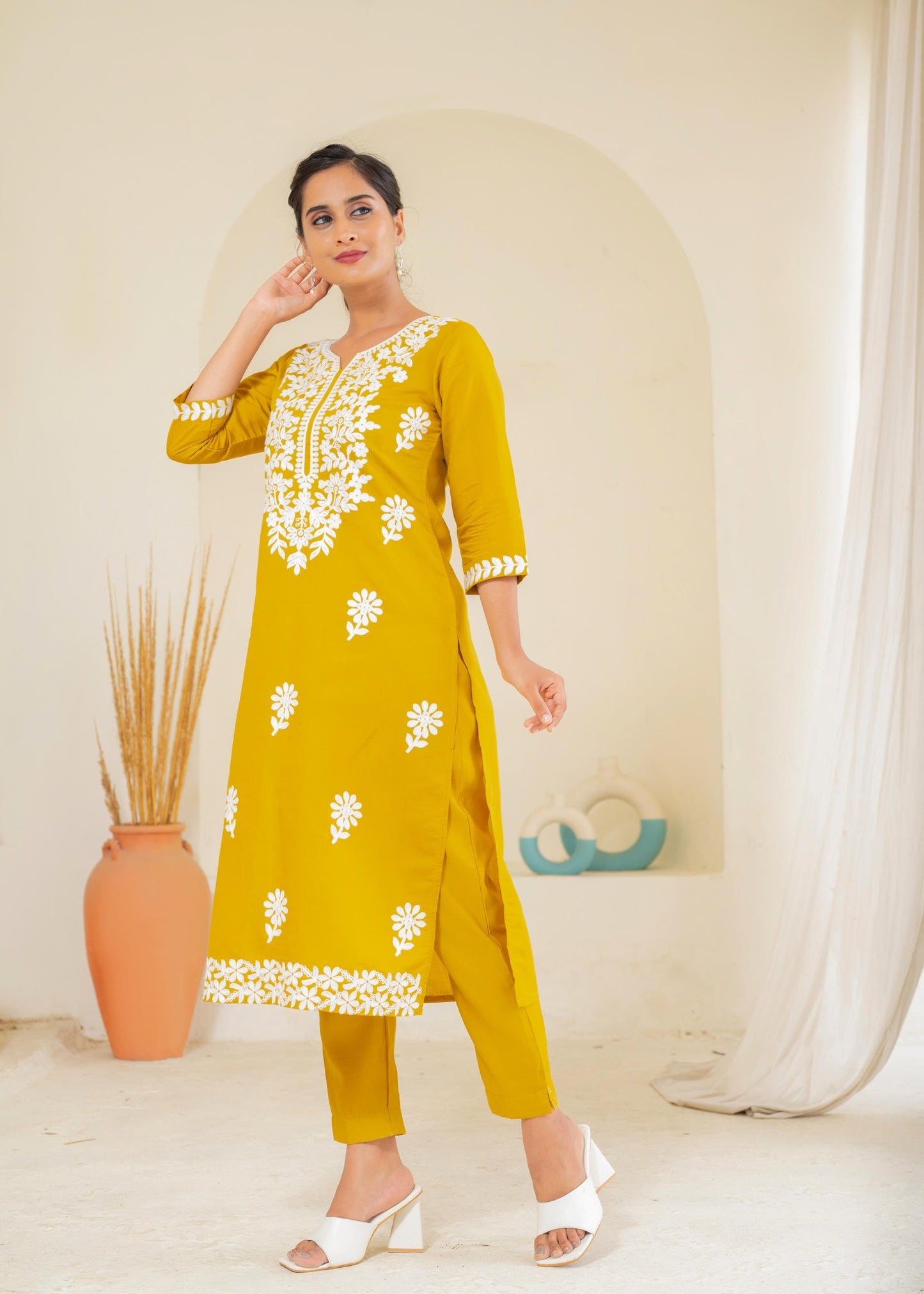 Juniper Mustard Solid Embroidered Straight Kurta Pant Set With Thread Work - Swadesiicart