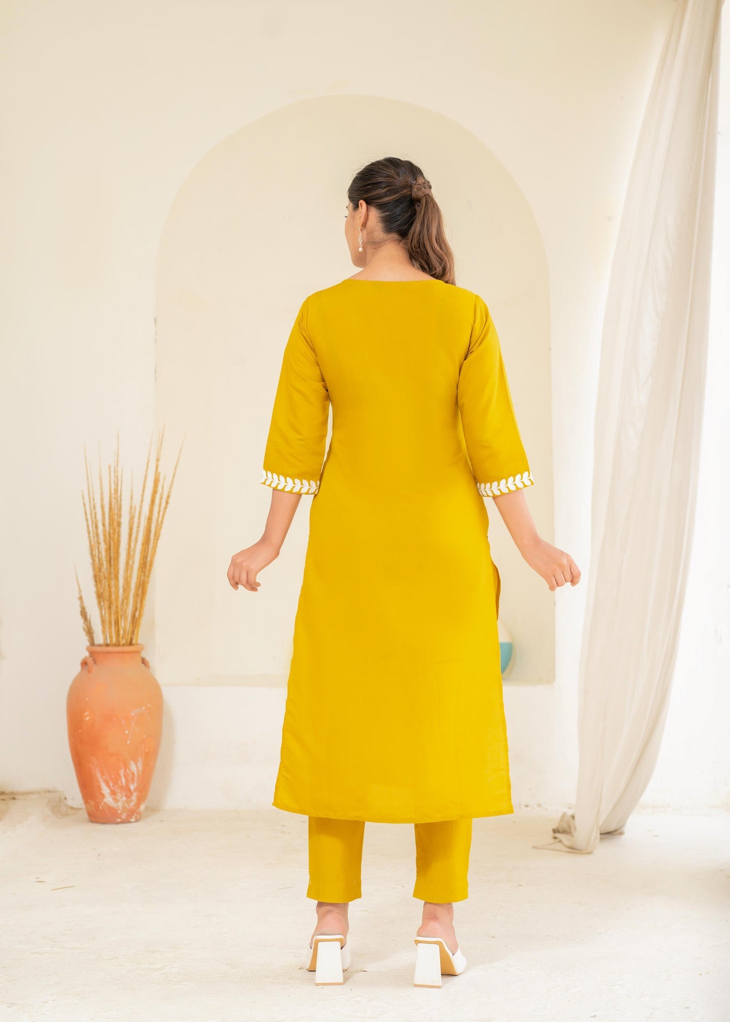 Juniper Mustard Solid Embroidered Straight Kurta Pant Set With Thread Work - Swadesiicart
