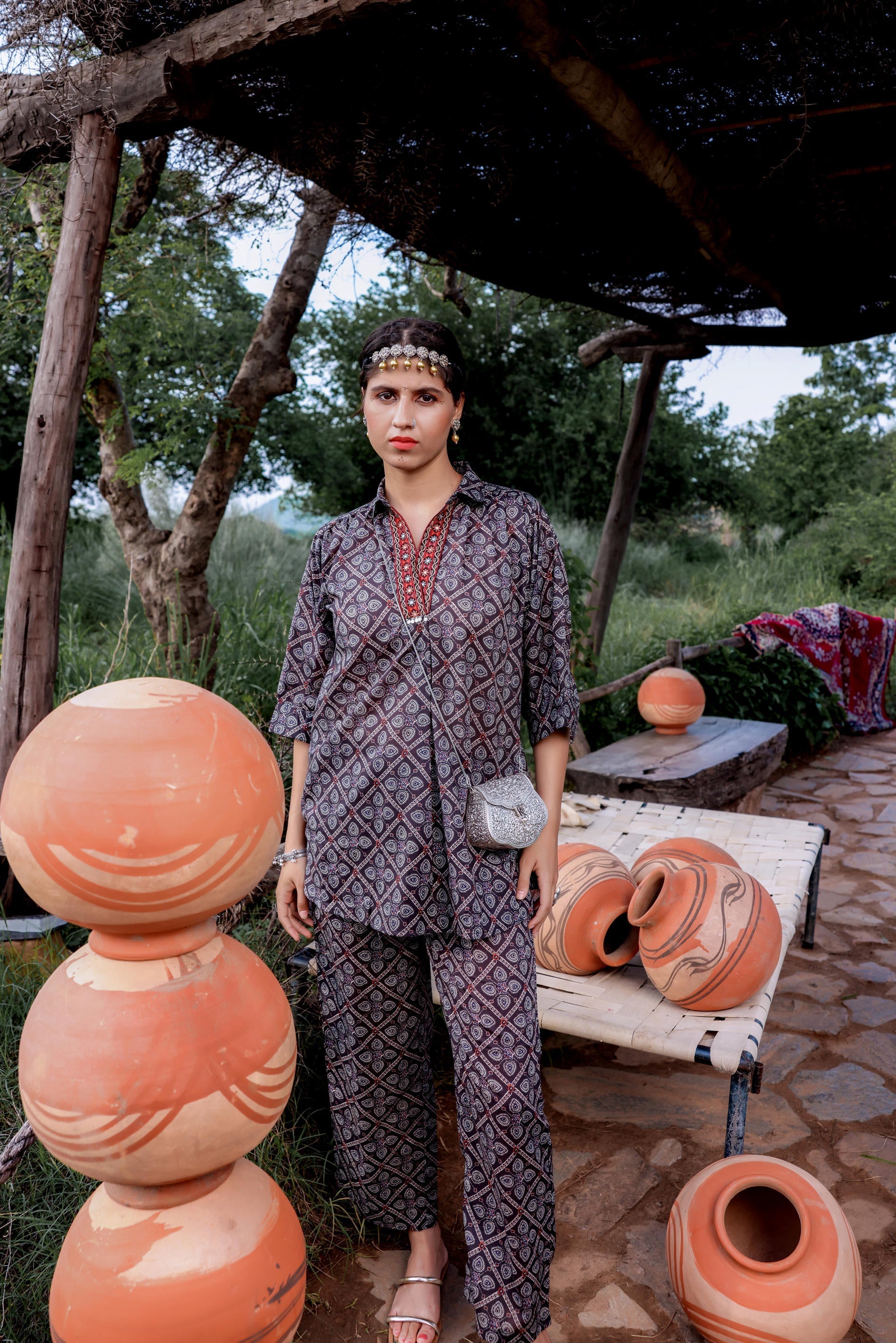 Juniper Black Floral Embroidered Co-Ord Set With Tunic & Printed Pants - Swadesiicart