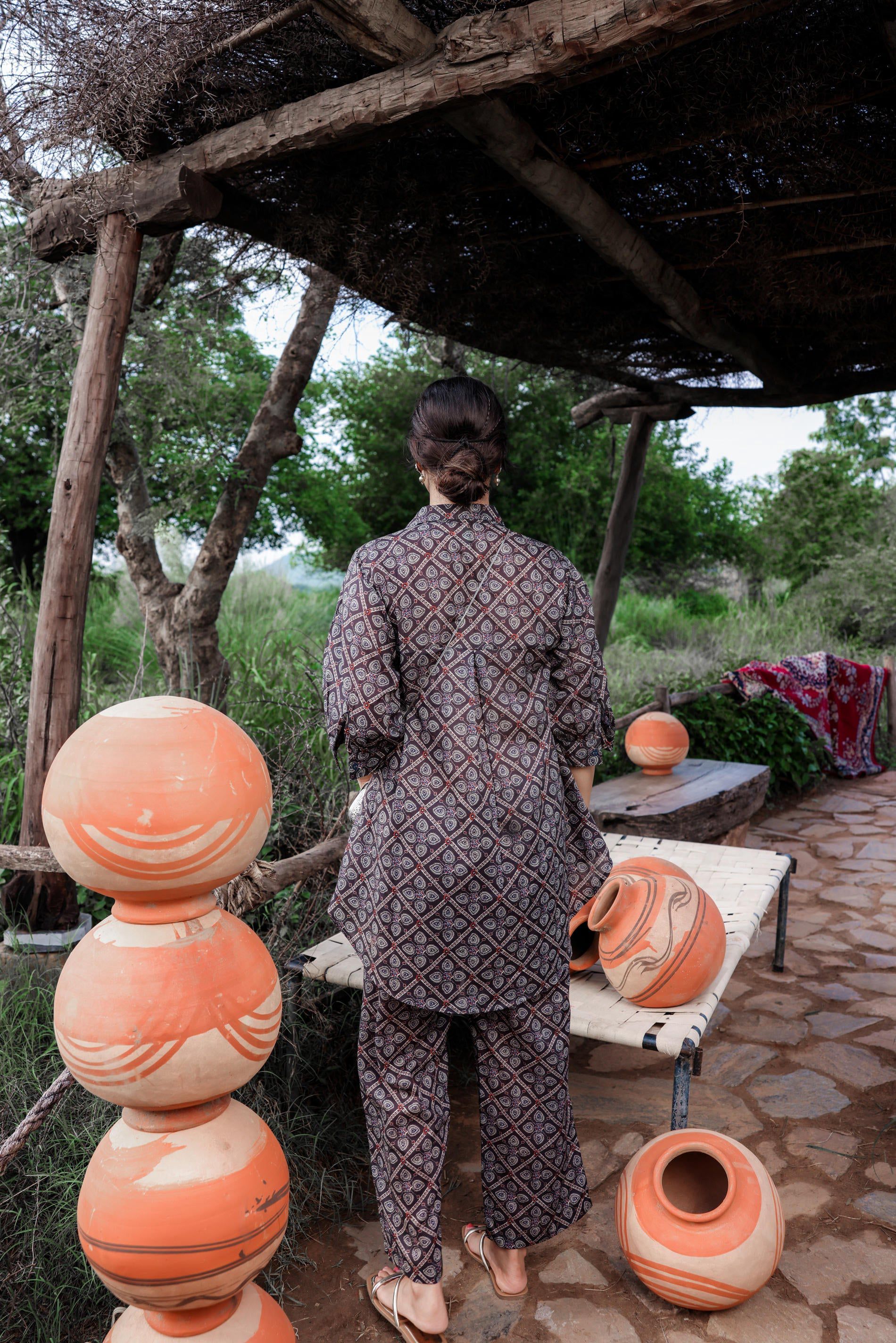 Juniper Black Floral Embroidered Co-Ord Set With Tunic & Printed Pants - Swadesiicart
