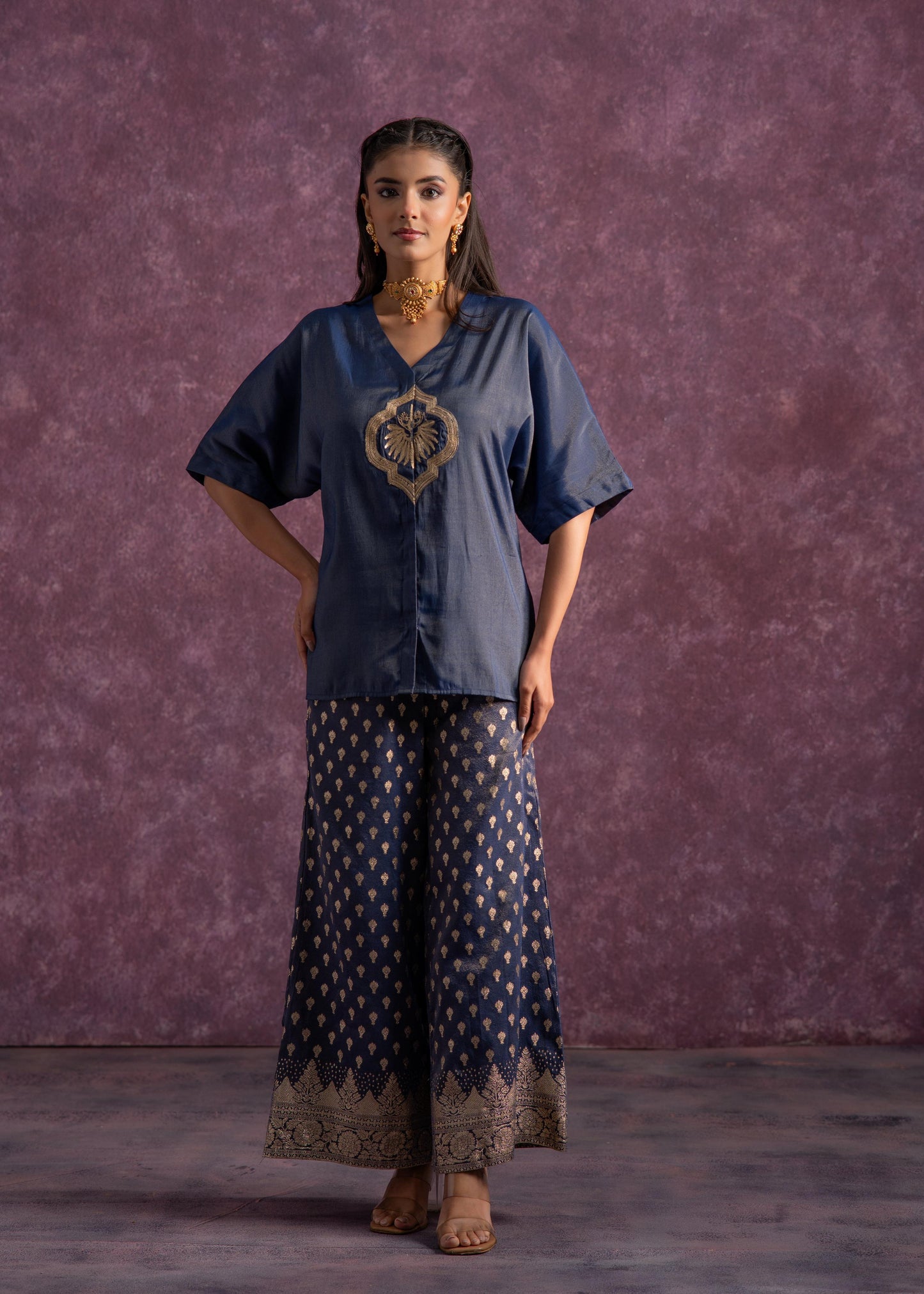 Juniper Indigo Viscose Solid A-Line Tunic With Pants Co-Ord Set With Zari & Sequence Work - Swadesiicart