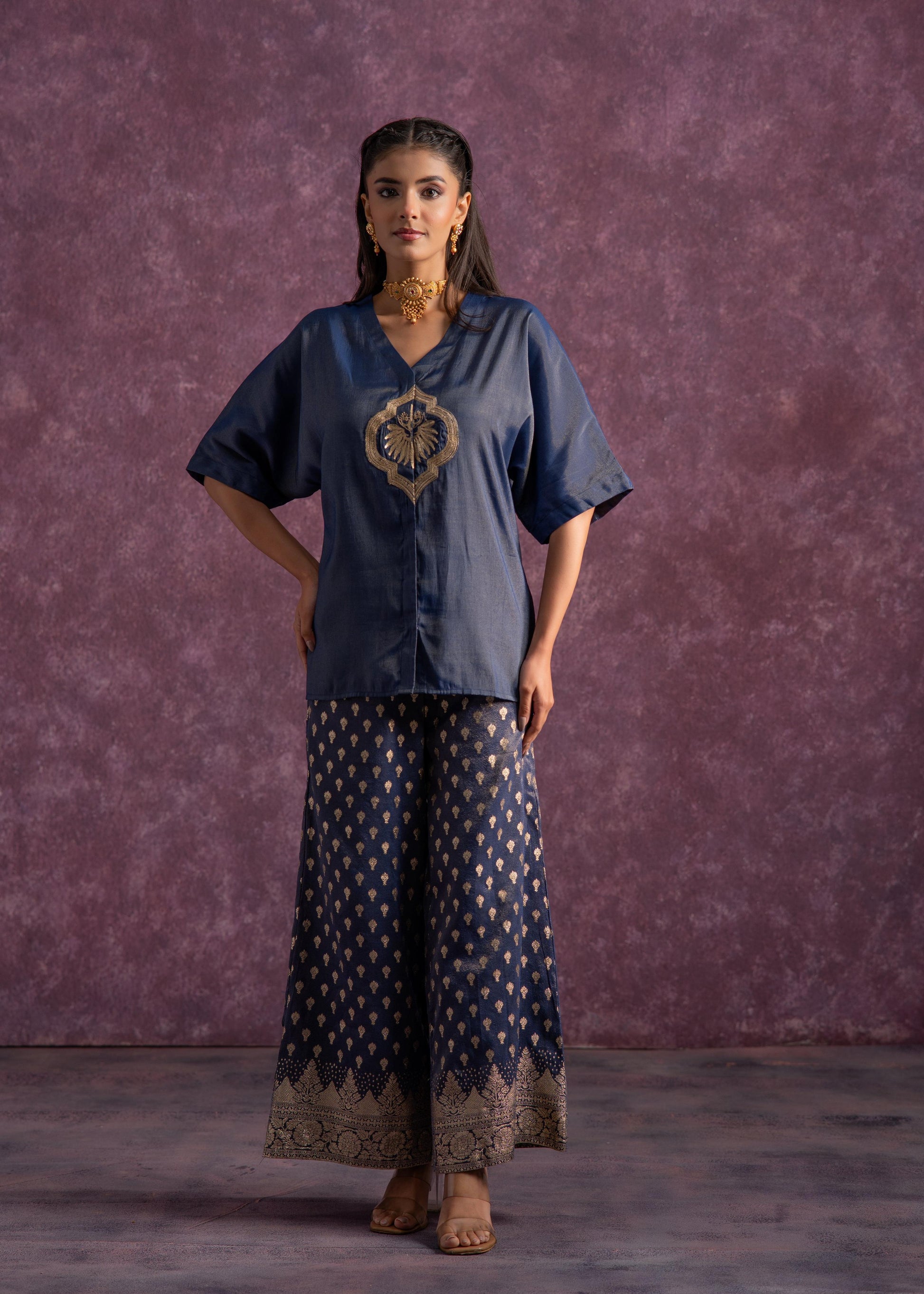 Juniper Indigo Viscose Solid A-Line Tunic With Pants Co-Ord Set With Zari & Sequence Work - Swadesiicart