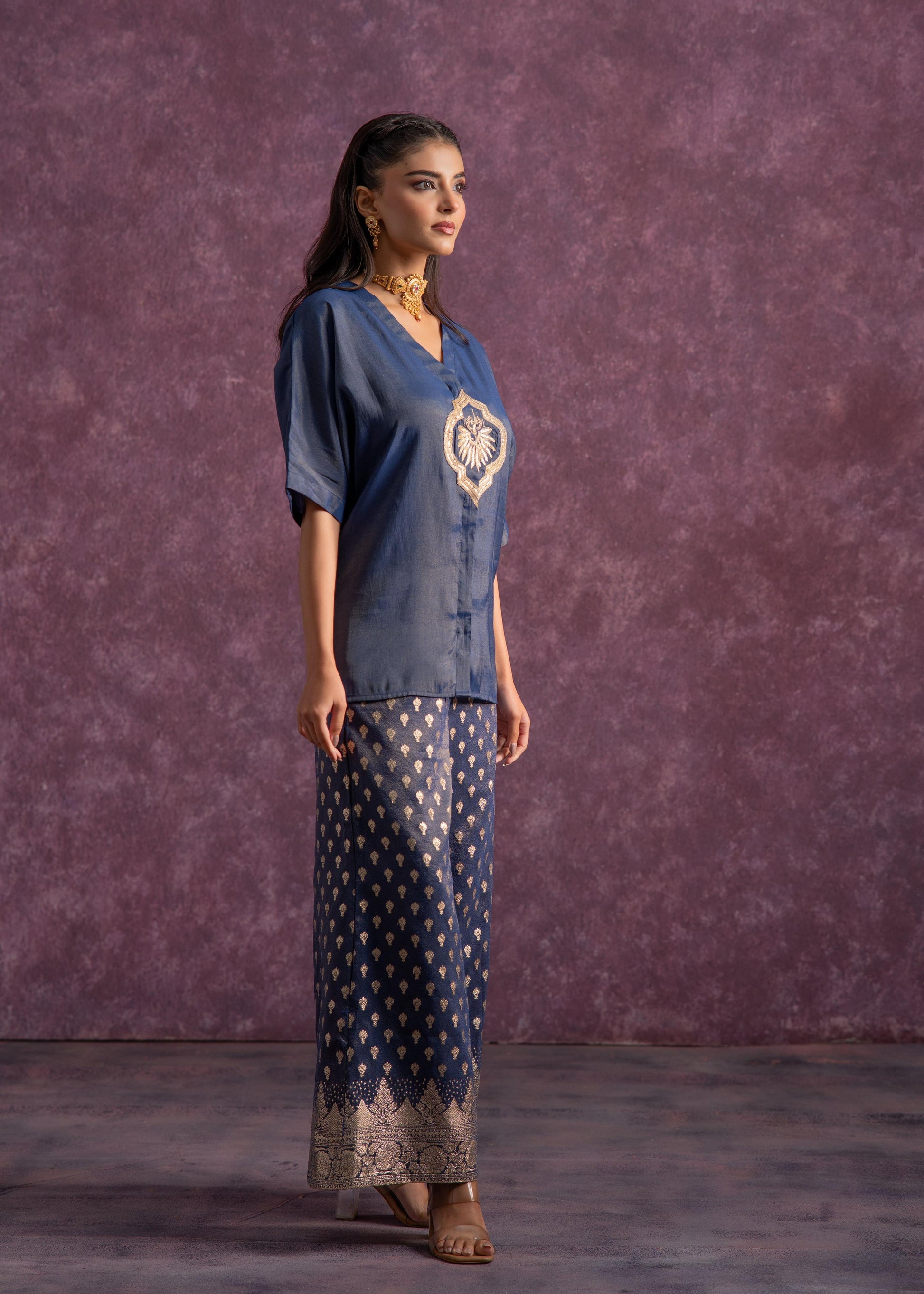 Juniper Indigo Viscose Solid A-Line Tunic With Pants Co-Ord Set With Zari & Sequence Work - Swadesiicart