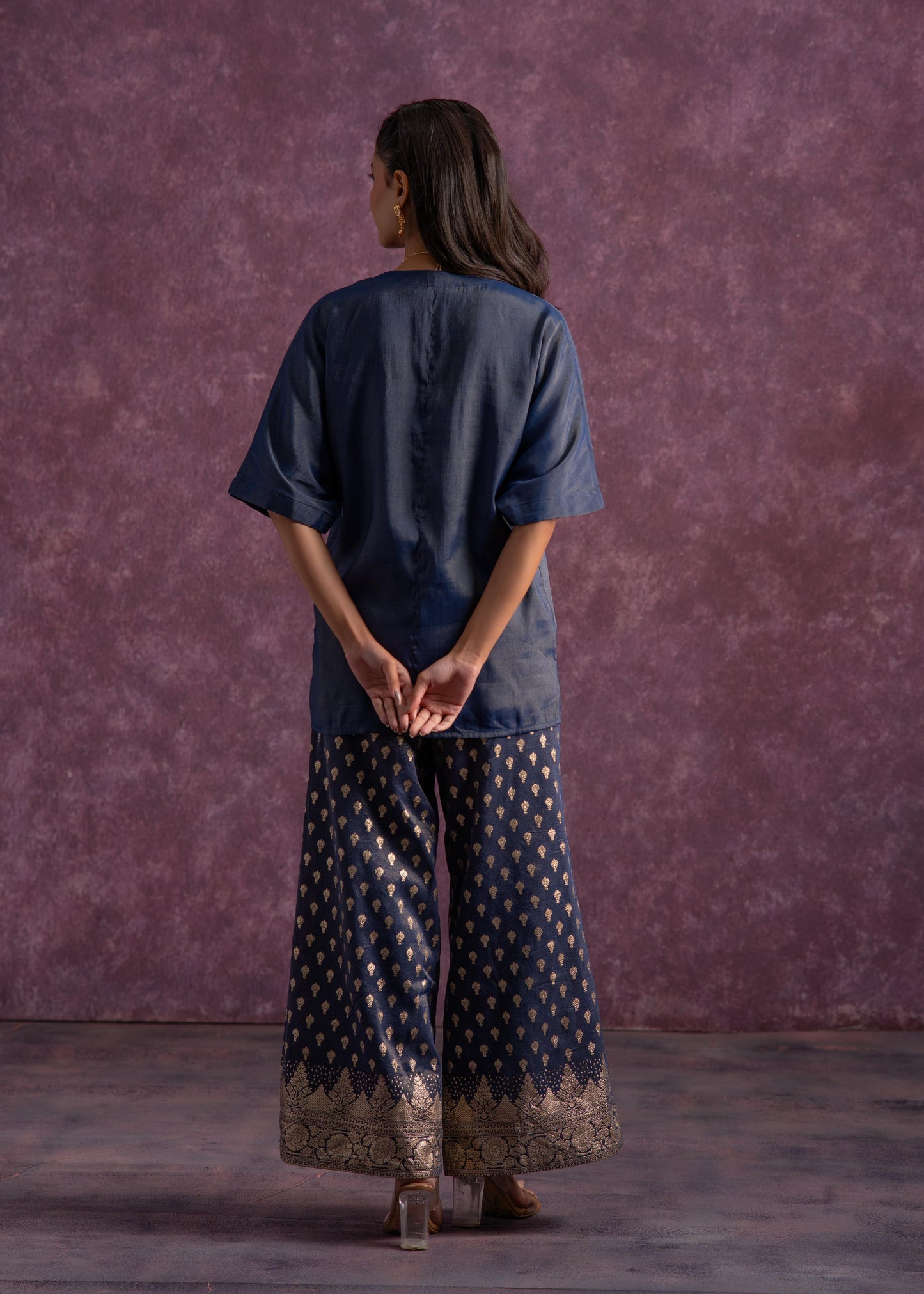 Juniper Indigo Viscose Solid A-Line Tunic With Pants Co-Ord Set With Zari & Sequence Work - Swadesiicart