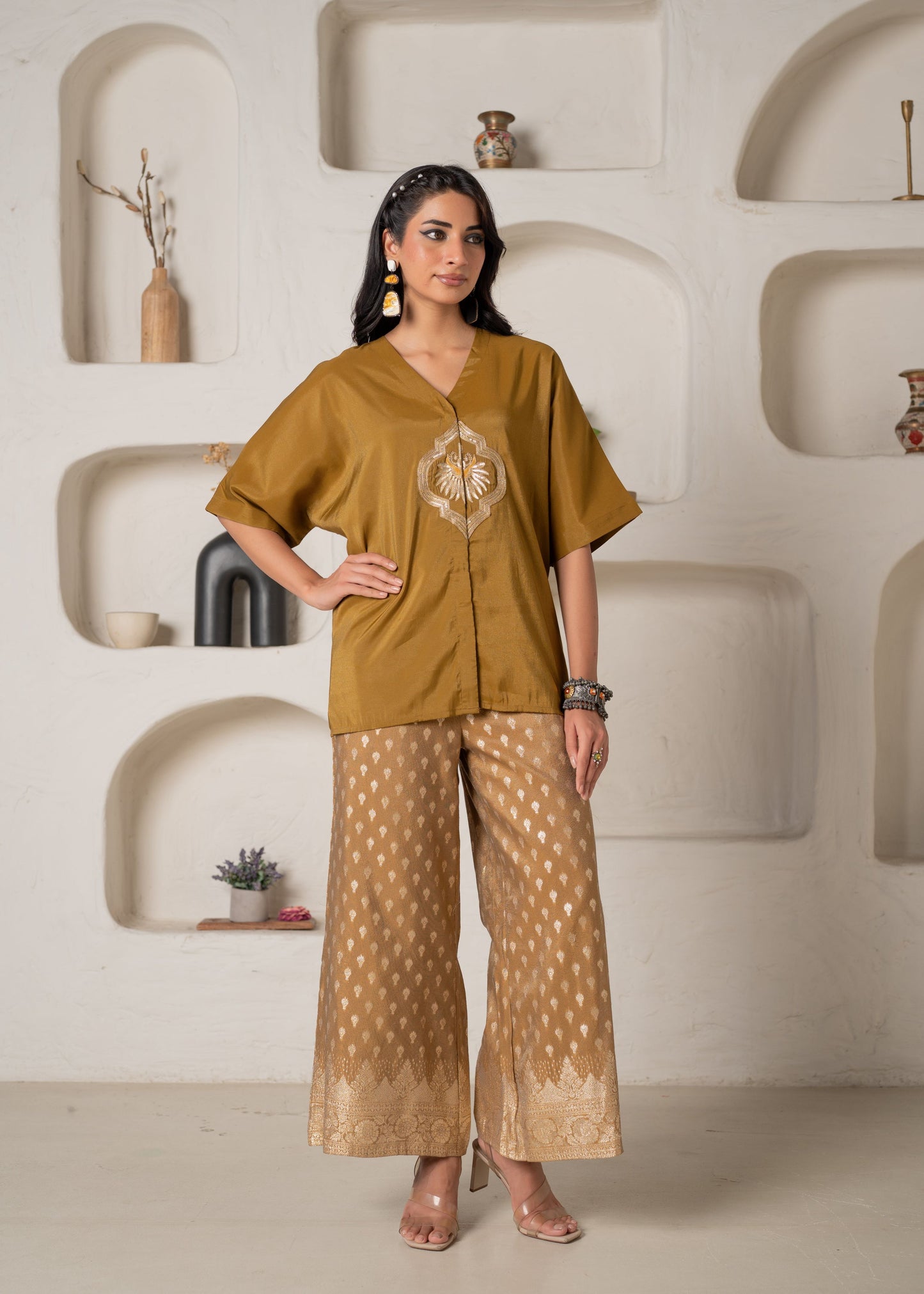 Juniper Mustard Viscose Solid A-Line Tunic With Pants Co-Ord Set With Zari & Sequence Work - Swadesiicart