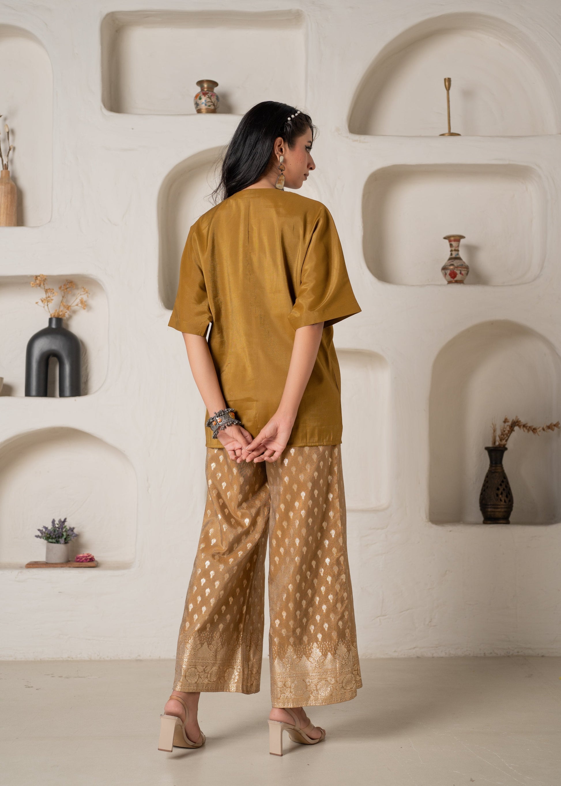 Juniper Mustard Viscose Solid A-Line Tunic With Pants Co-Ord Set With Zari & Sequence Work - Swadesiicart