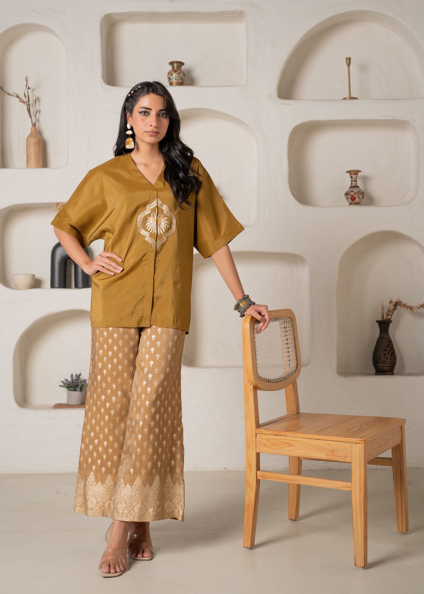 Juniper Mustard Viscose Solid A-Line Tunic With Pants Co-Ord Set With Zari & Sequence Work - Swadesiicart
