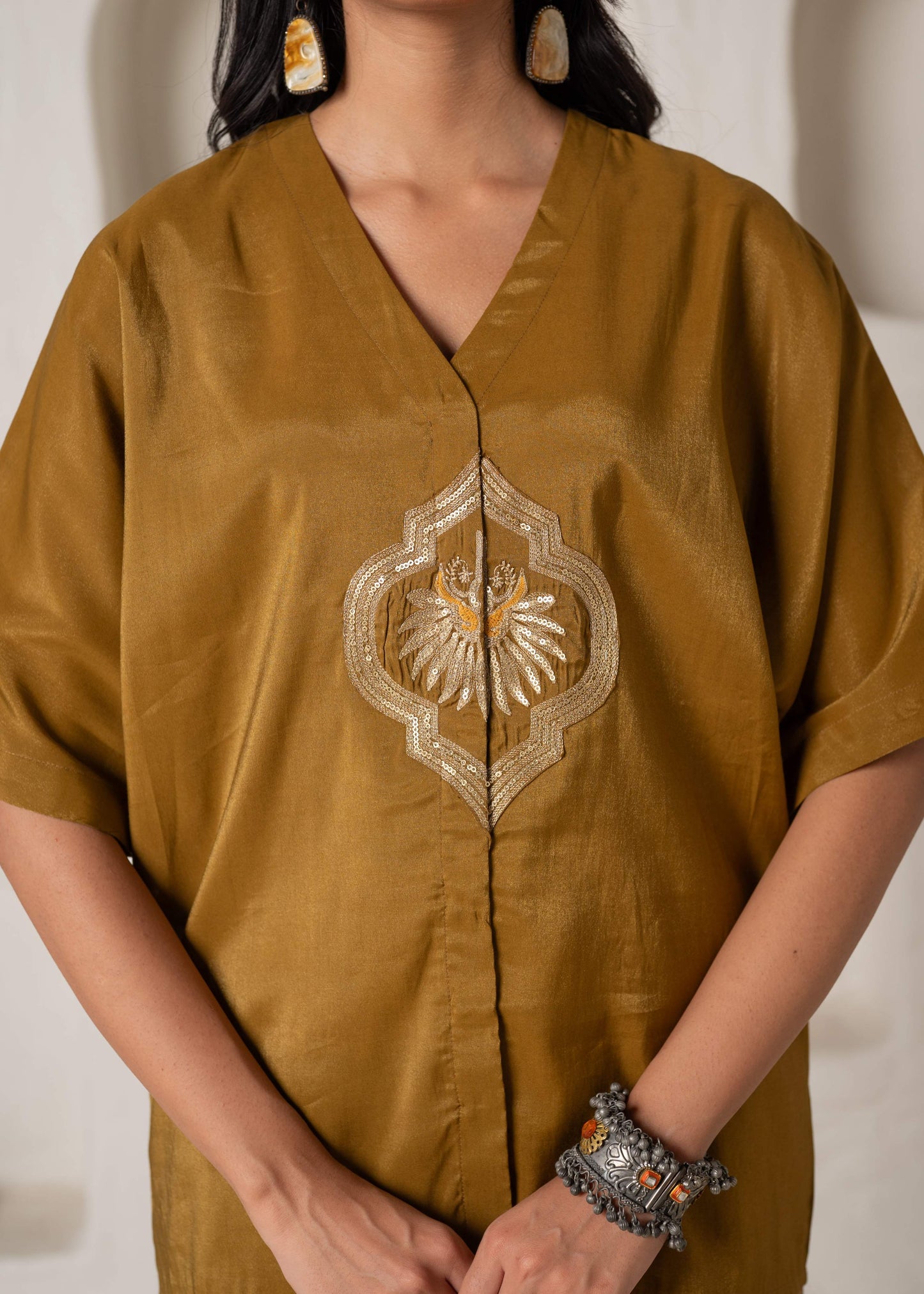 Juniper Mustard Viscose Solid A-Line Tunic With Pants Co-Ord Set With Zari & Sequence Work - Swadesiicart