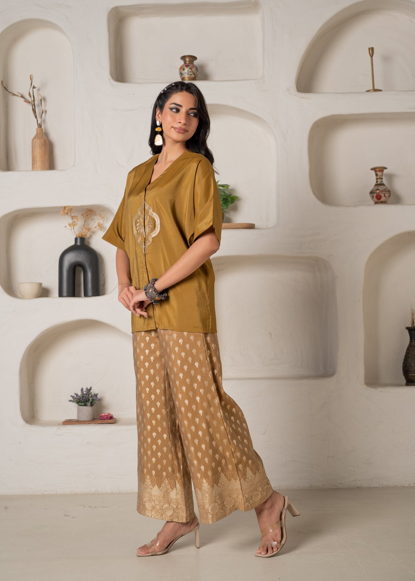 Juniper Mustard Viscose Solid A-Line Tunic With Pants Co-Ord Set With Zari & Sequence Work - Swadesiicart