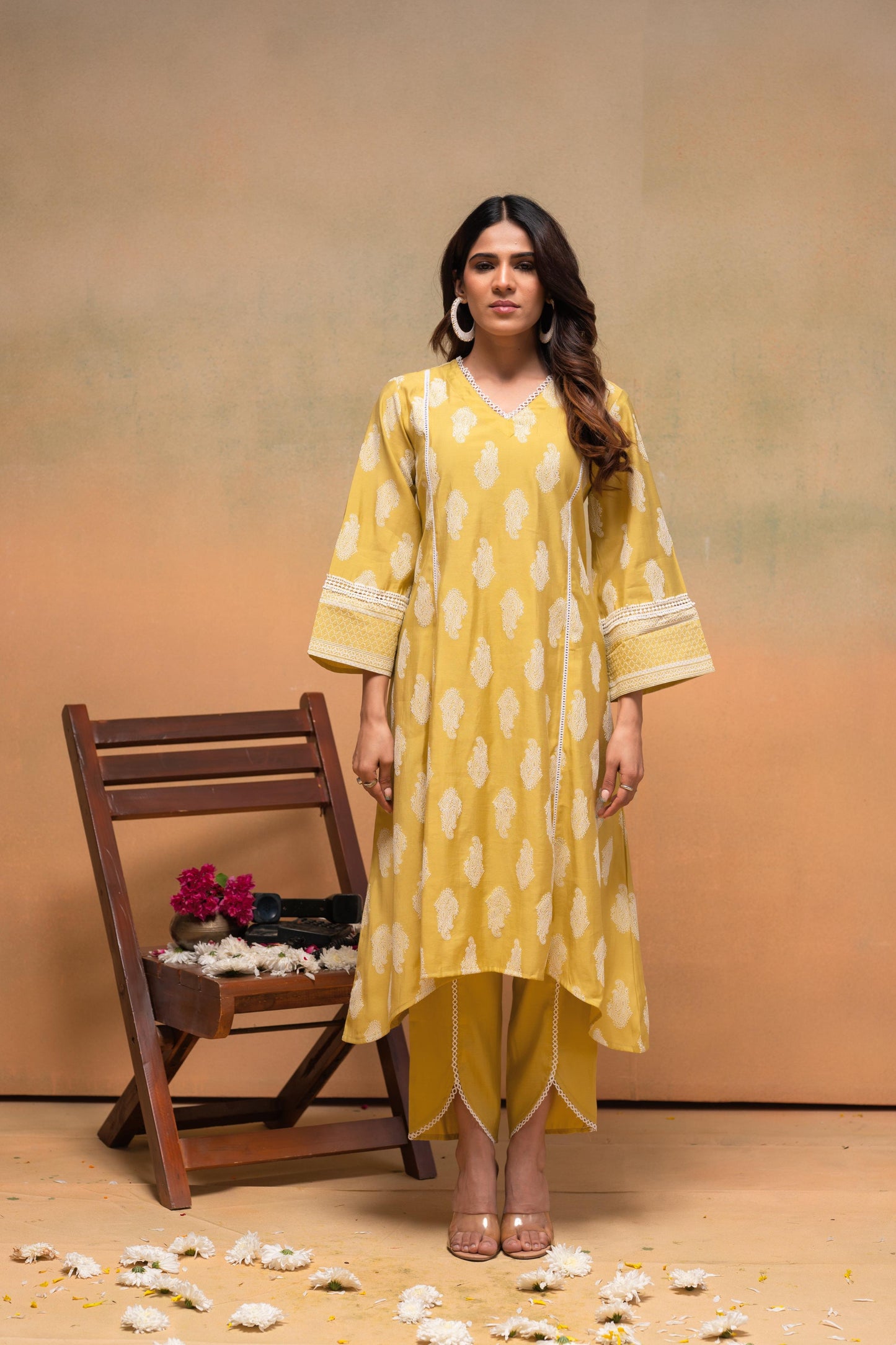 Juniper Viscose Yellow Embroidered Kurta Pant Co-Ordset With Thread Work & Lace - Swadesiicart