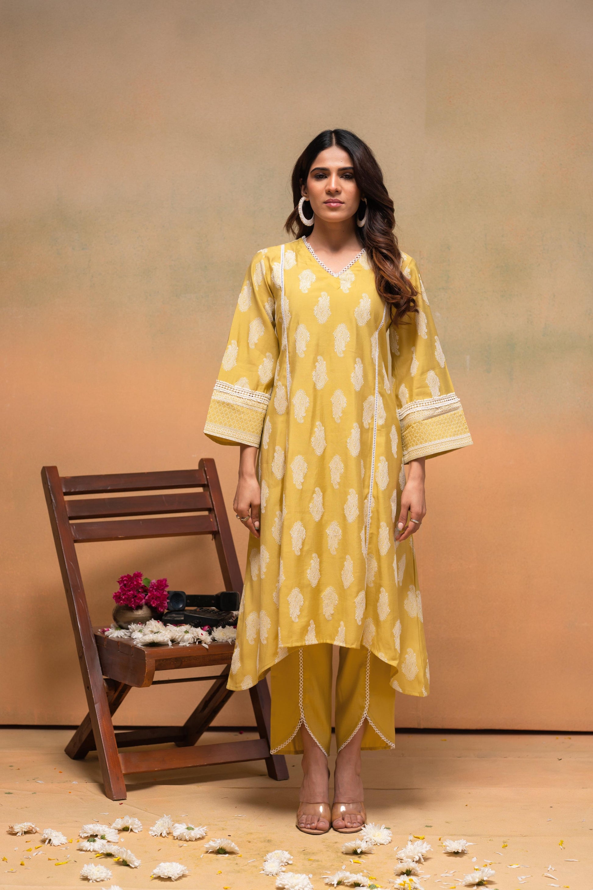 Juniper Viscose Yellow Embroidered Kurta Pant Co-Ordset With Thread Work & Lace - Swadesiicart