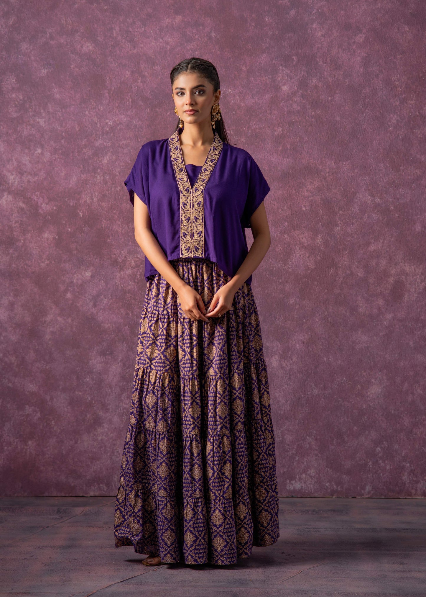 Juniper Purple Viscose Solid Top With Skirt Co-Ord Set With Mirror & Sequence Work - Swadesiicart
