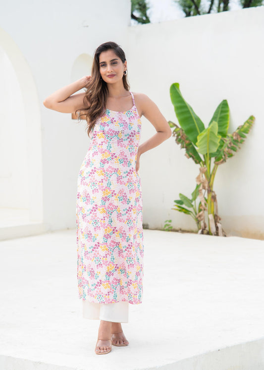 Juniper Pink Floral Printed Sleeveless Cotton Kurta - Swadesiicart