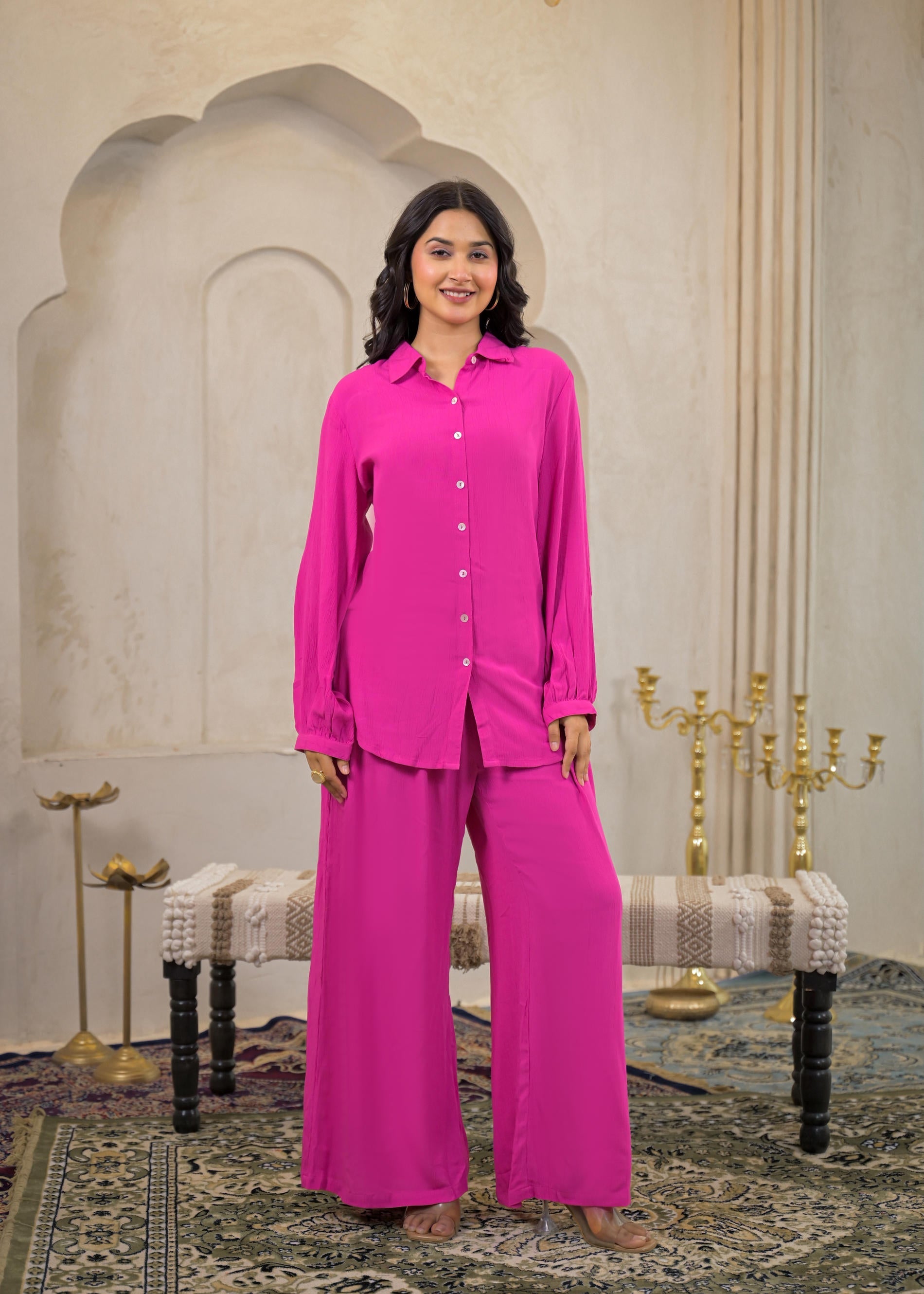 Juniper Pink Viscose Co-Ord Set – Shirt & Palazzo With Parsley Waistband - Swadesiicart