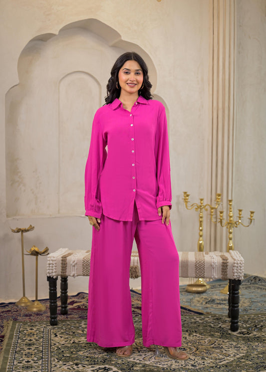 Juniper Pink Viscose Co-Ord Set – Shirt & Palazzo With Parsley Waistband - Swadesiicart