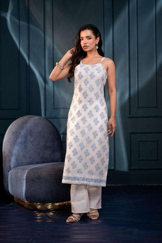 Juniper Women'S Teal Blue & Grey Floral Cotton Sleeveless Kurta - Swadesiicart