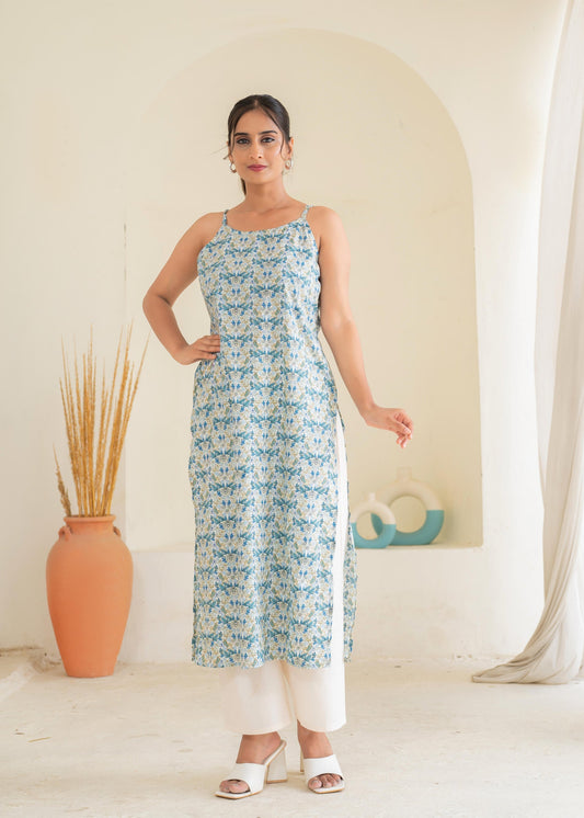 Juniper Sky Blue & White Floral Printed Cotton Kurta - Swadesiicart