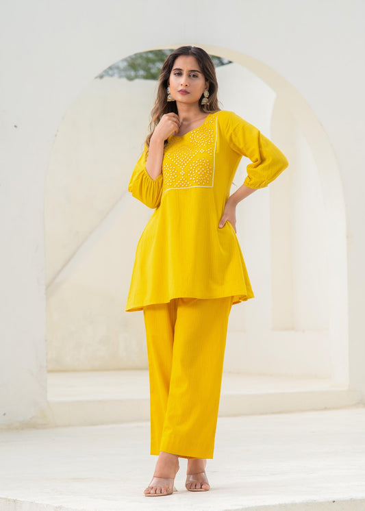 Juniper Mustard Embroidered Cotton Kurta-Pant Co-Ord Set With Mirror & Thread Work - Swadesiicart