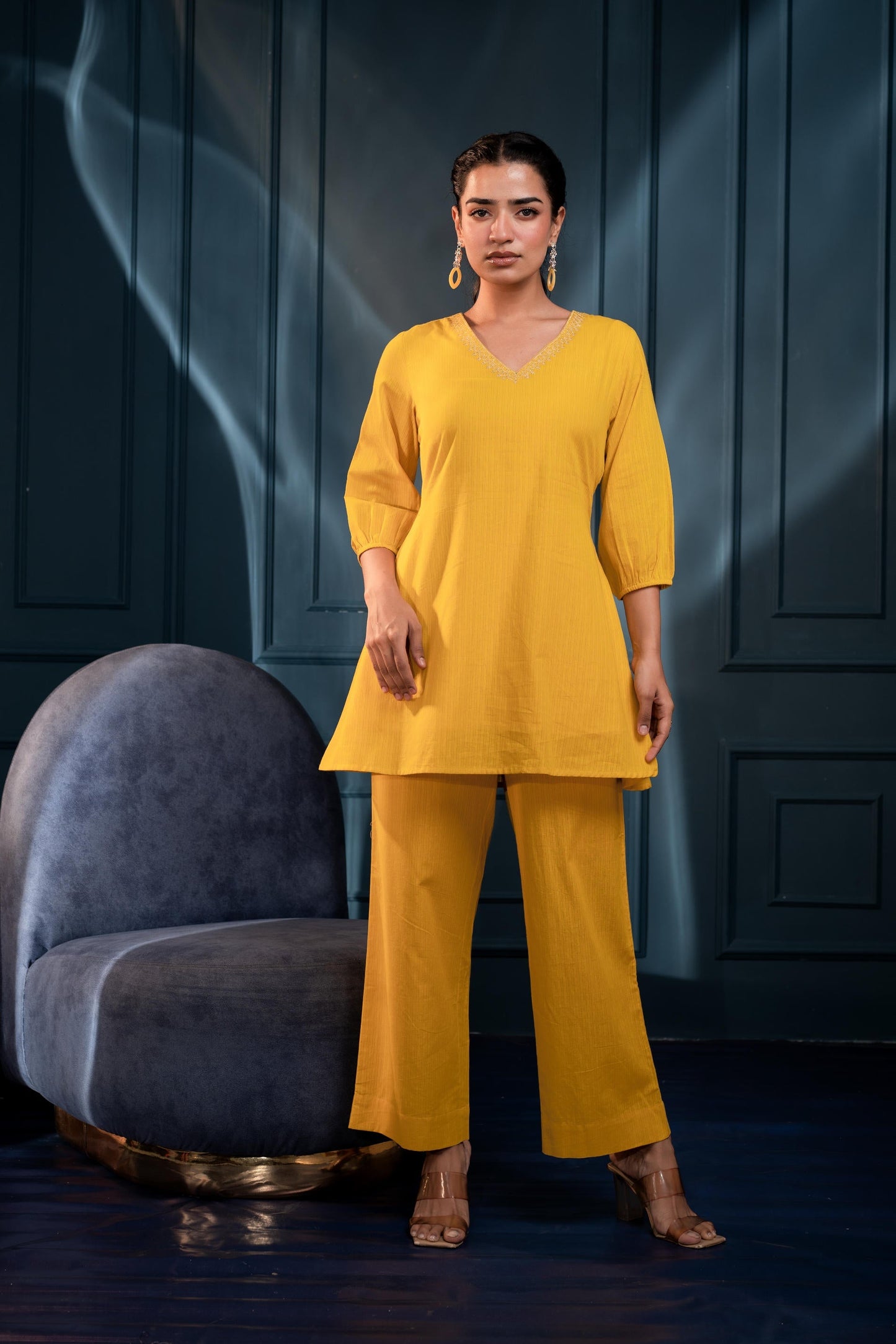 Juniper Women'S Mustard Striped Cotton Kurta & Pants Co-Ord Set With Zari Work - Swadesiicart