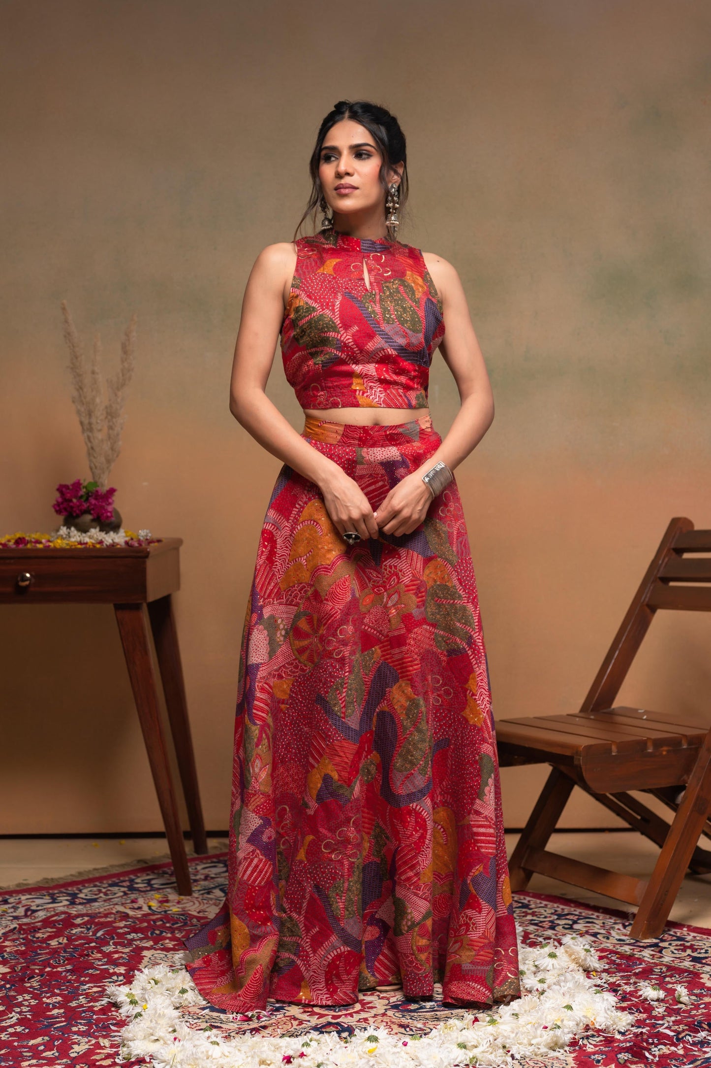 Juniper Women'S Red Ethnic Motifs Co-Ord Set With Turtle Neck Top & Flared Skirt - Swadesiicart