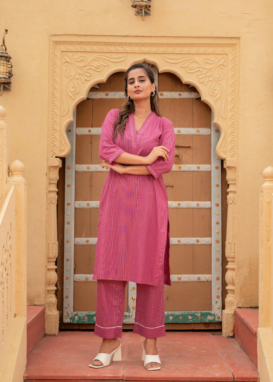 Juniper Women'S Pink Striped Cotton Kurta & Pants Co-Ord Set With Thread And Mirror Work - Swadesiicart