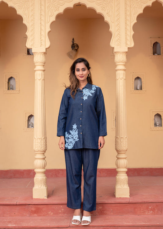 Juniper Women'S Blue Embroidered Cotton Top & Pants Co-Ord Set With Thread Work - Swadesiicart