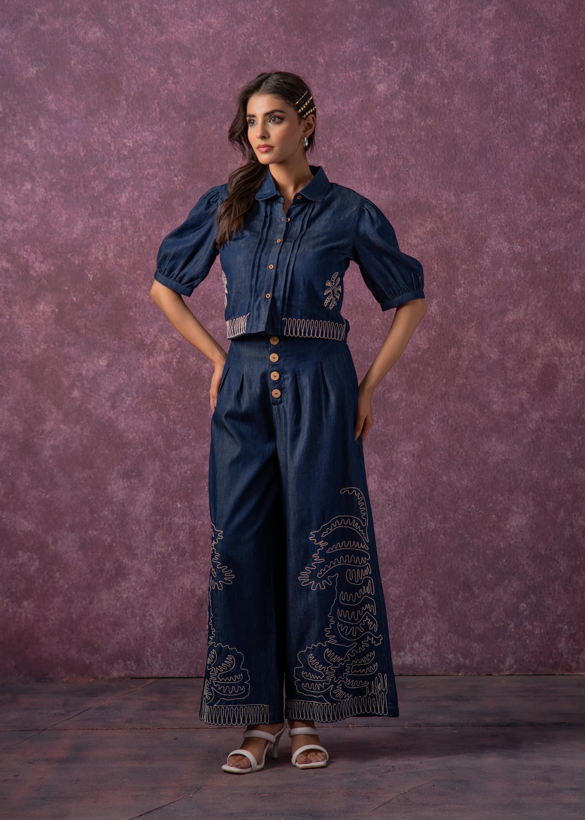 Juniper Embroidered Navy Blue Shirt & Straight Pants Co-Ord Set - Swadesiicart