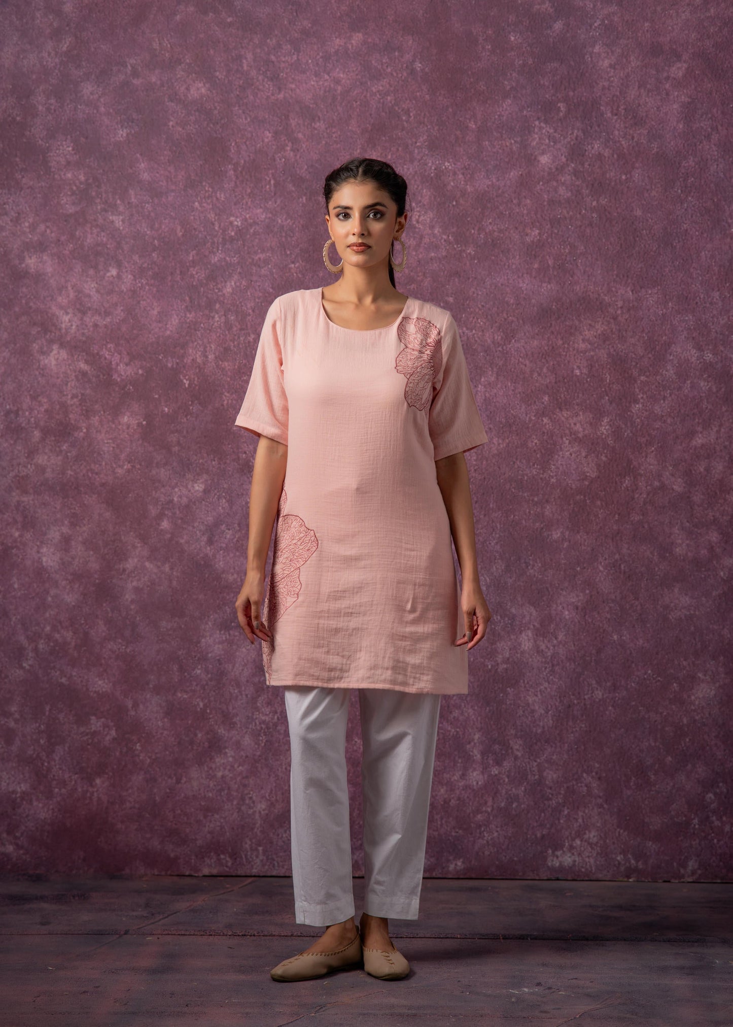 Juniper Peach Cotton Embroidered Straight Kurta For Women - Swadesiicart