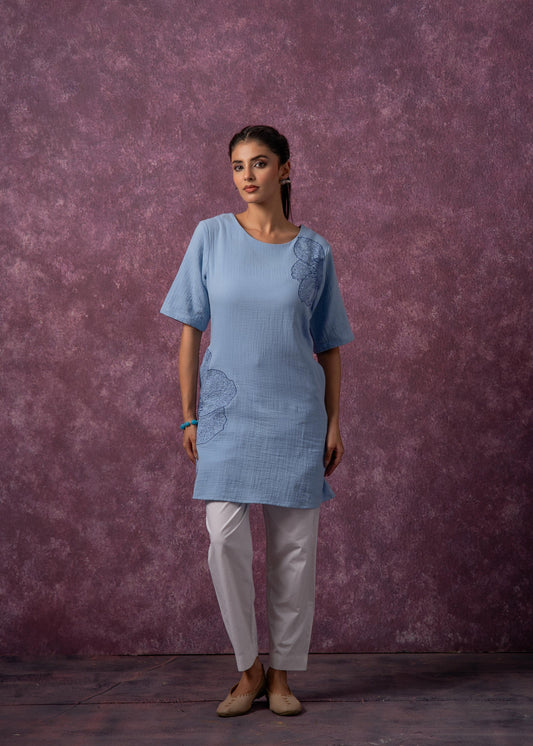 Juniper Sky Blue Cotton Embroidered Straight Kurta For Women - Swadesiicart
