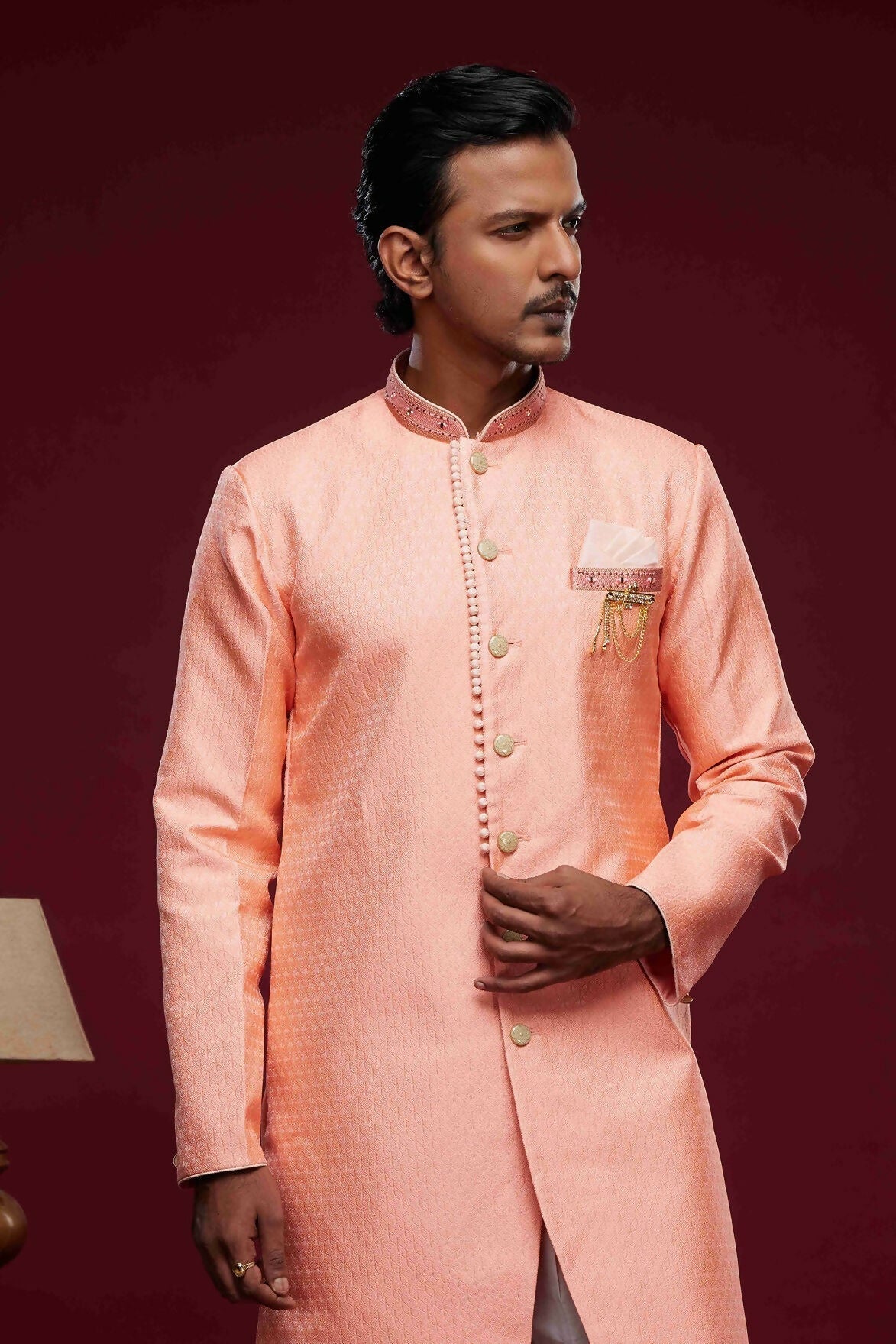 Raivat Ethnic Banarasi Jacquard Embroidery Semi Indo Western Sherwani In Pink Colour | Swadesiicart