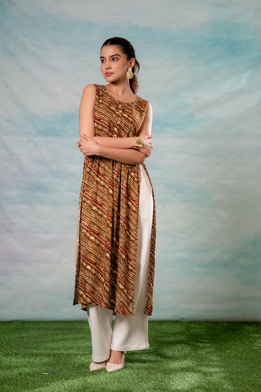 Juniper Women'S Brown Ethnic Motif Printed Sleeveless Kurta - Swadesiicart