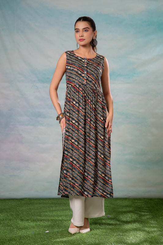 Juniper Women'S Navy Ethnic Motif Printed Sleeveless Kurta - Swadesiicart