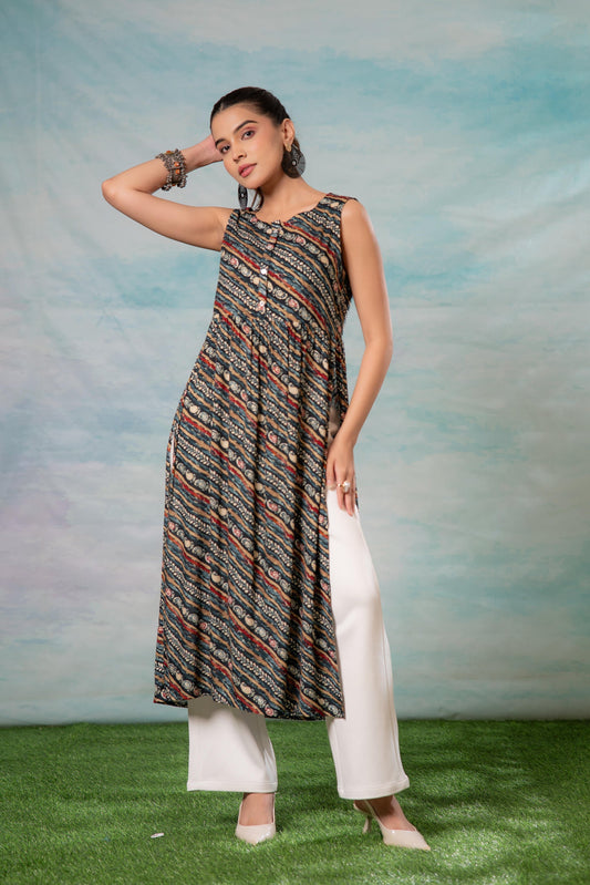 Juniper Women'S Navy Ethnic Motif Printed Sleeveless Kurta - Swadesiicart