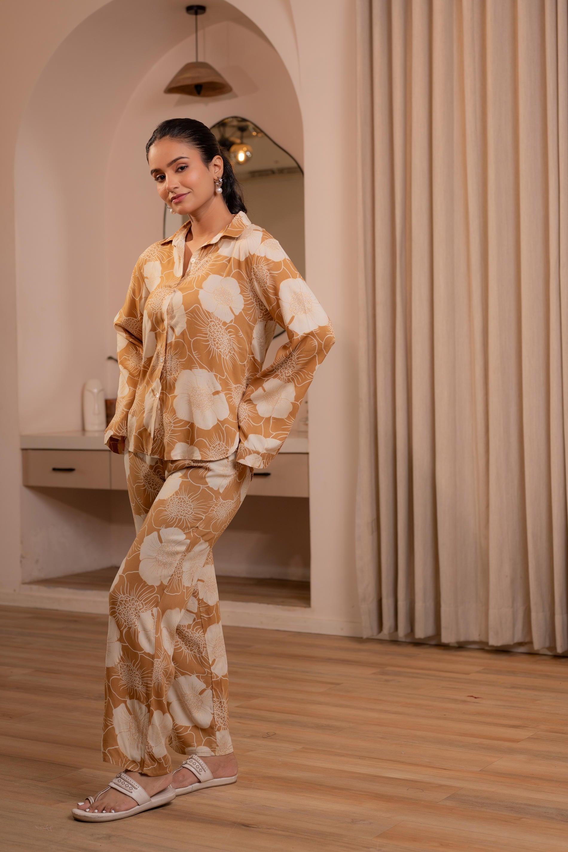 Juniper Women'S Brown Floral Printed Co-Ord Set With Button Details - Swadesiicart