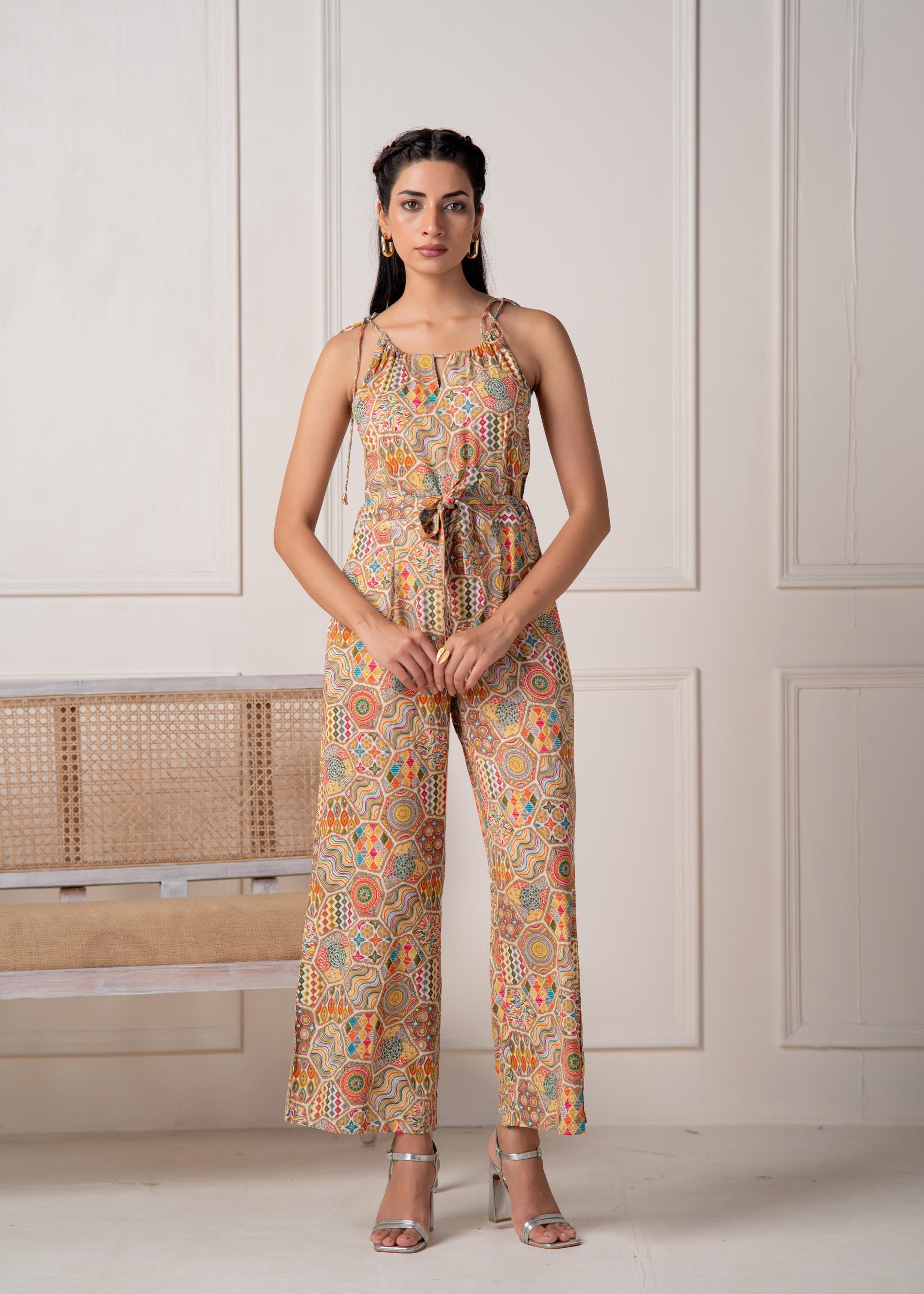 Juniper Multi Printed Abstract Viscose Jumpsuit With Belt - Swadesiicart