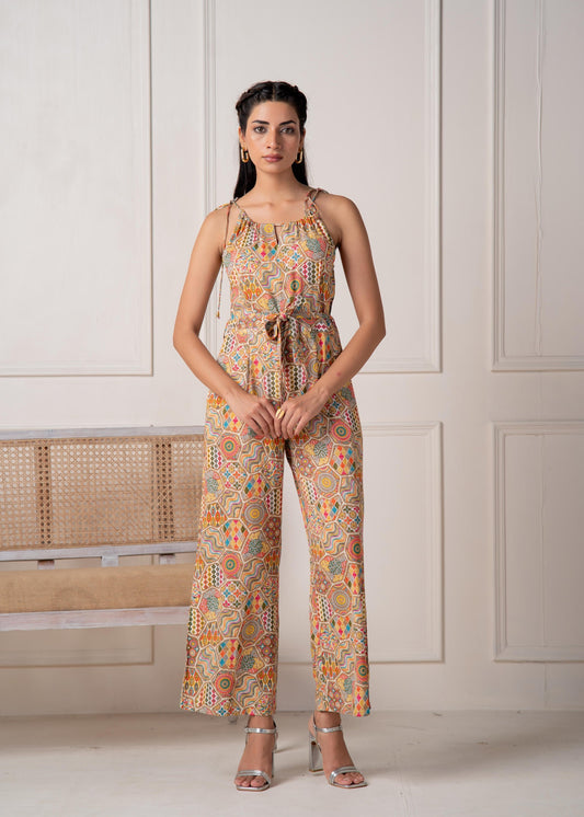 Juniper Multi Printed Abstract Viscose Jumpsuit With Belt - Swadesiicart