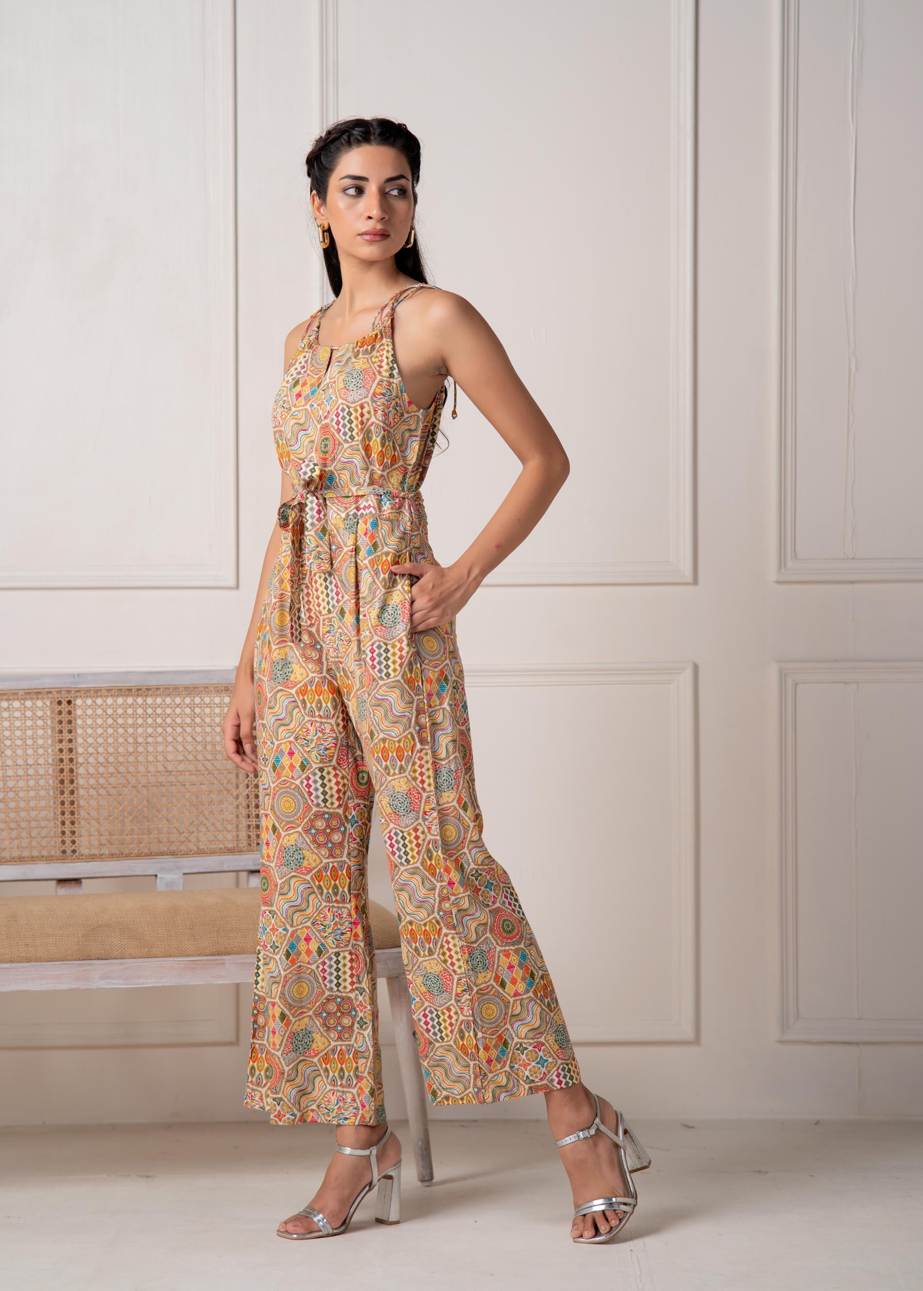 Juniper Multi Printed Abstract Viscose Jumpsuit With Belt - Swadesiicart