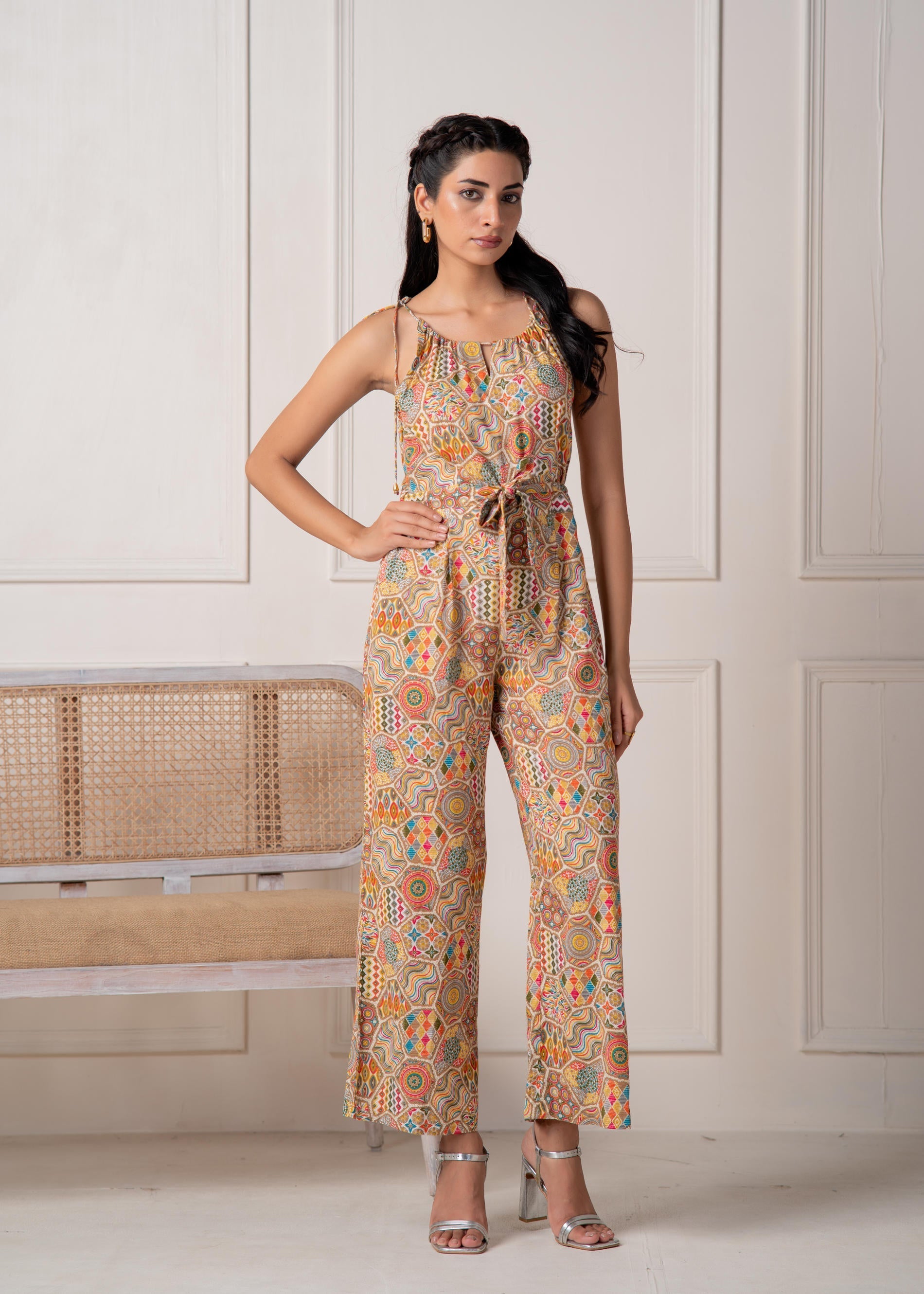 Juniper Multi Printed Abstract Viscose Jumpsuit With Belt - Swadesiicart
