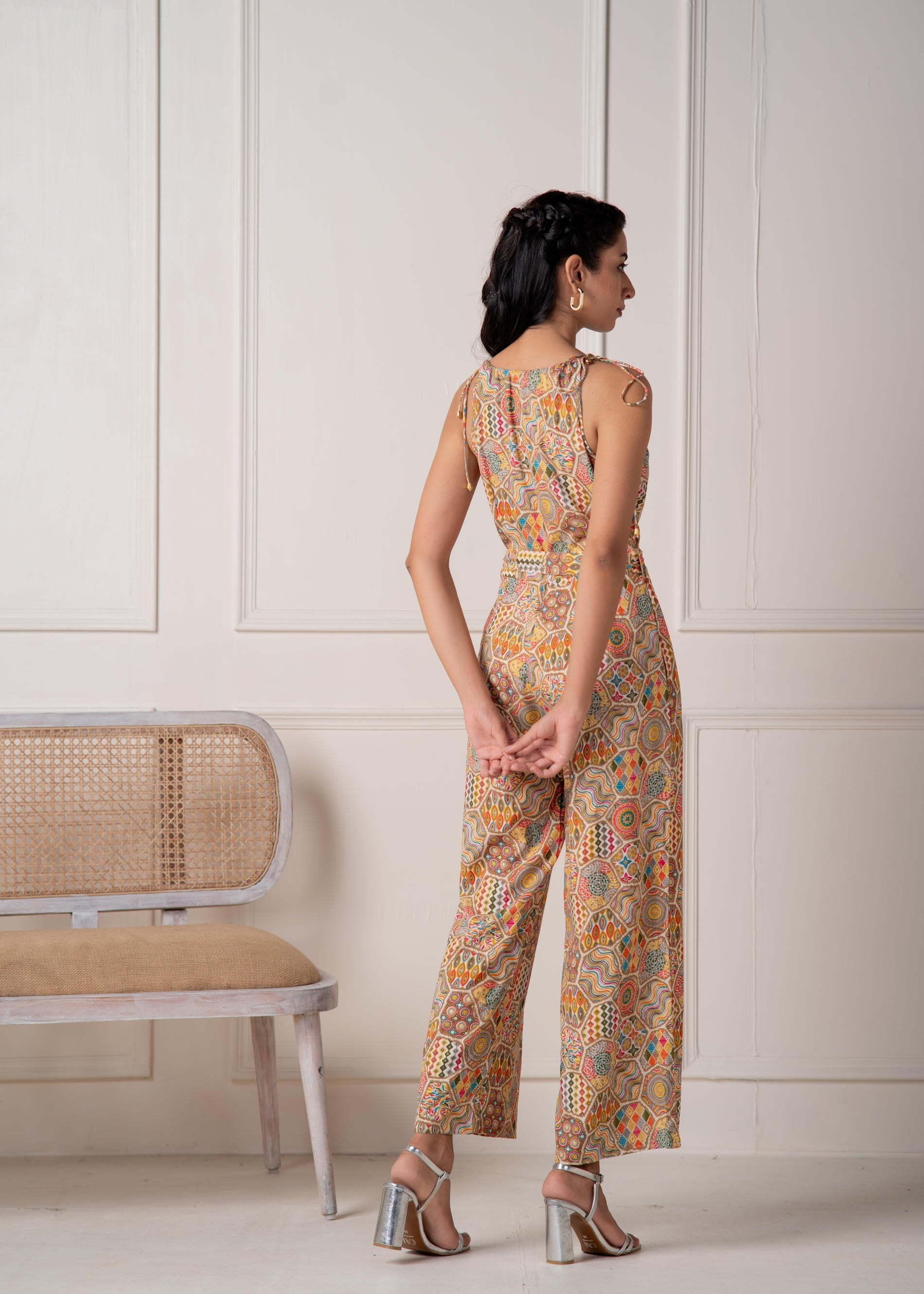 Juniper Multi Printed Abstract Viscose Jumpsuit With Belt - Swadesiicart