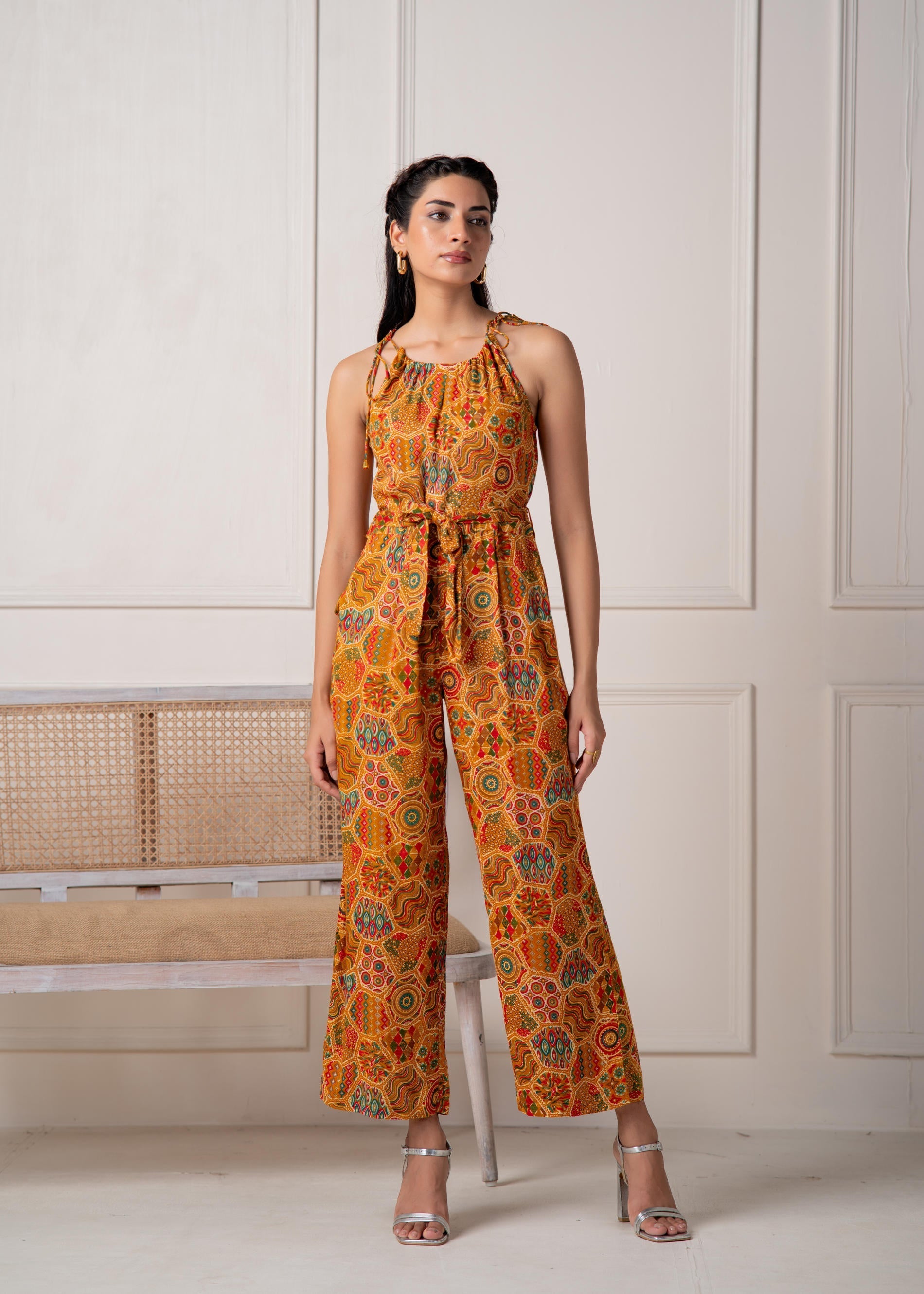 Juniper Mustard Printed Abstract Viscose Jumpsuit With Belt - Swadesiicart