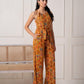 Juniper Mustard Printed Abstract Viscose Jumpsuit With Belt - Swadesiicart