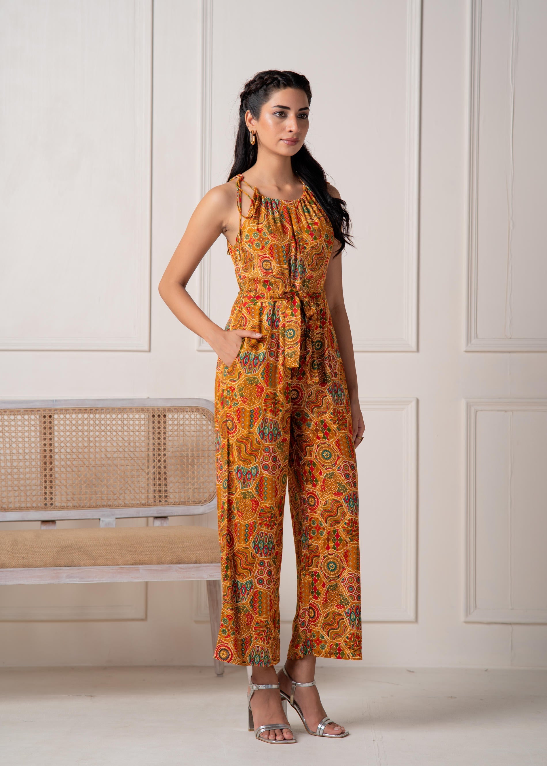 Juniper Mustard Printed Abstract Viscose Jumpsuit With Belt - Swadesiicart