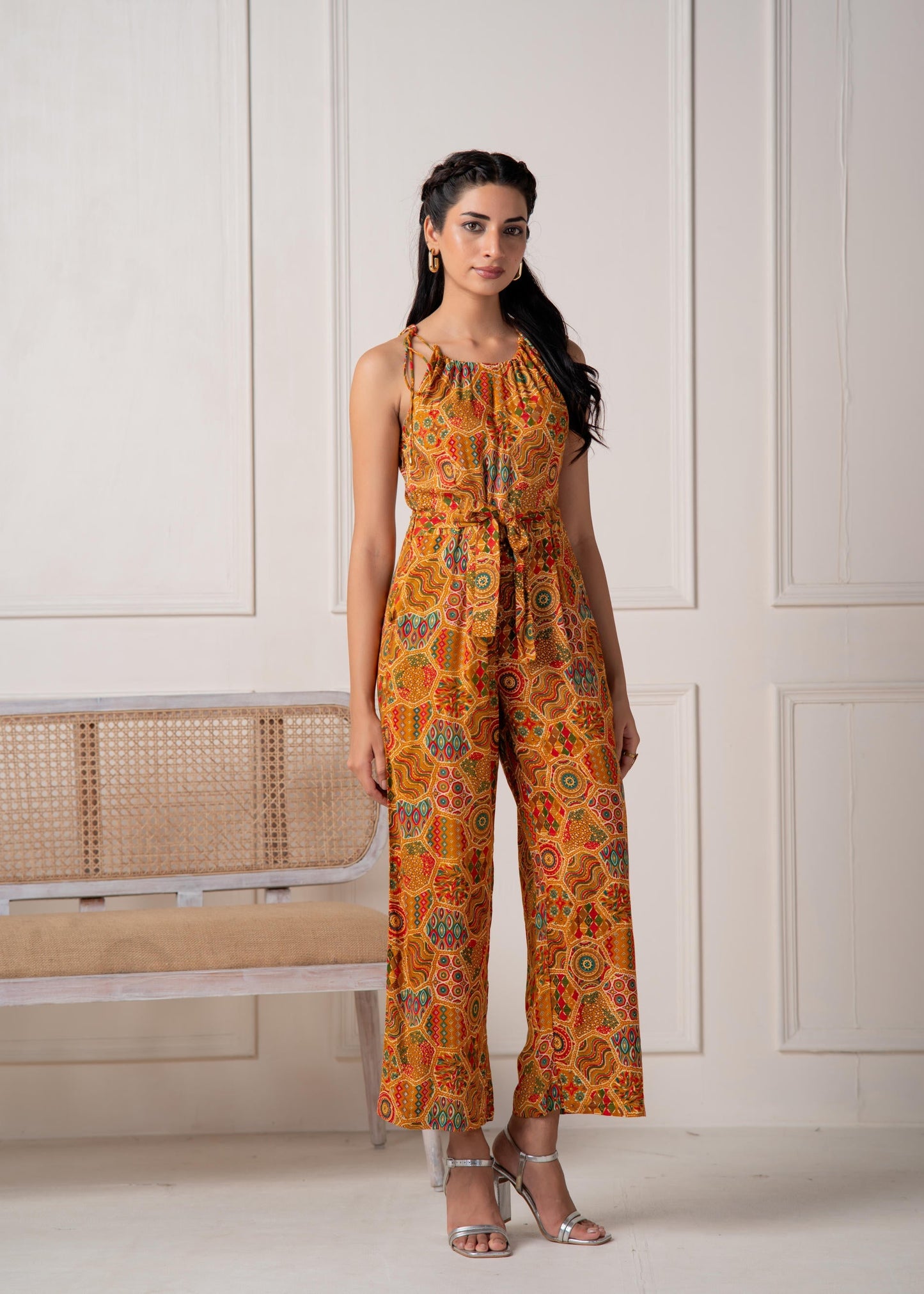 Juniper Mustard Printed Abstract Viscose Jumpsuit With Belt - Swadesiicart
