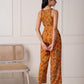 Juniper Mustard Printed Abstract Viscose Jumpsuit With Belt - Swadesiicart