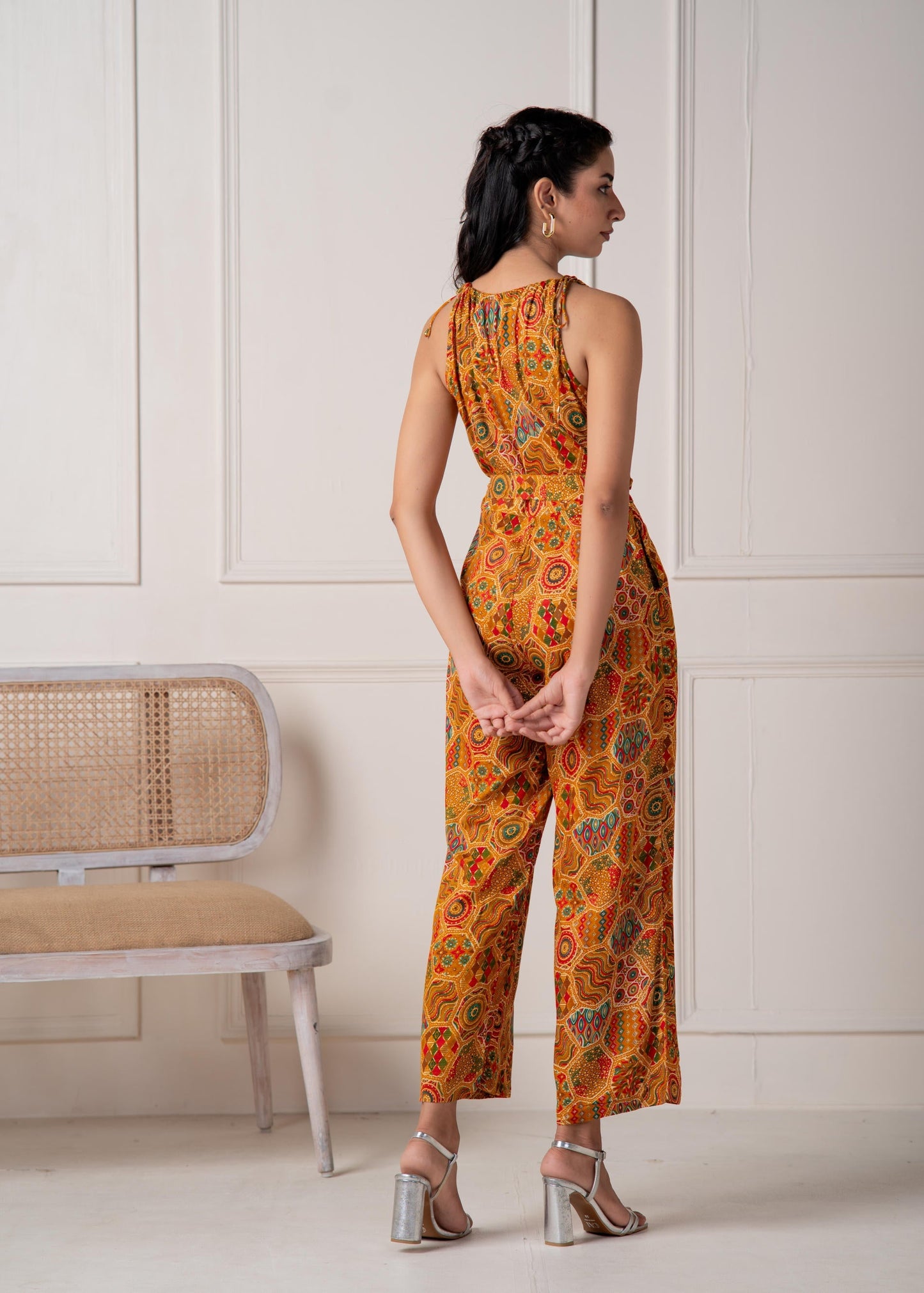 Juniper Mustard Printed Abstract Viscose Jumpsuit With Belt - Swadesiicart