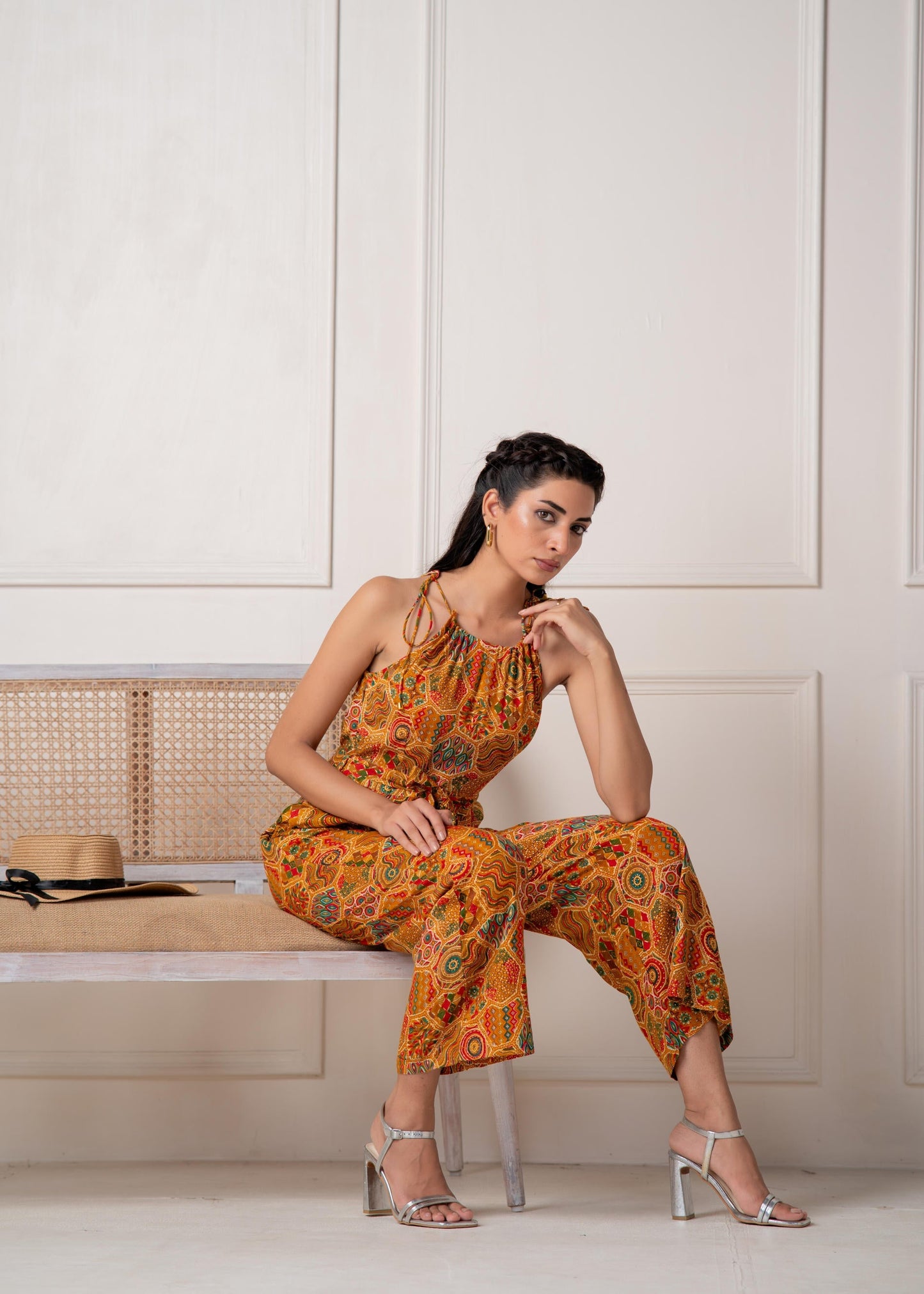 Juniper Mustard Printed Abstract Viscose Jumpsuit With Belt - Swadesiicart