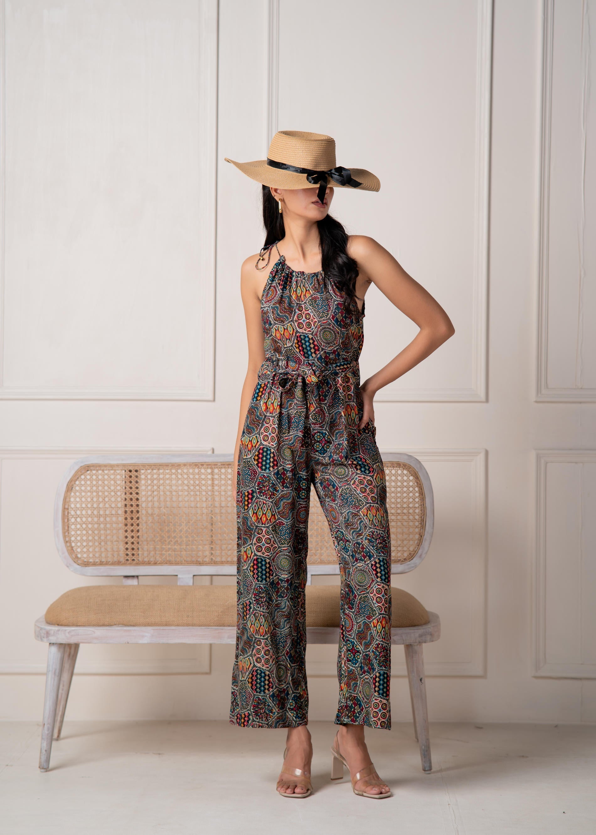 Juniper Navy Printed Abstract Viscose Jumpsuit With Belt - Swadesiicart